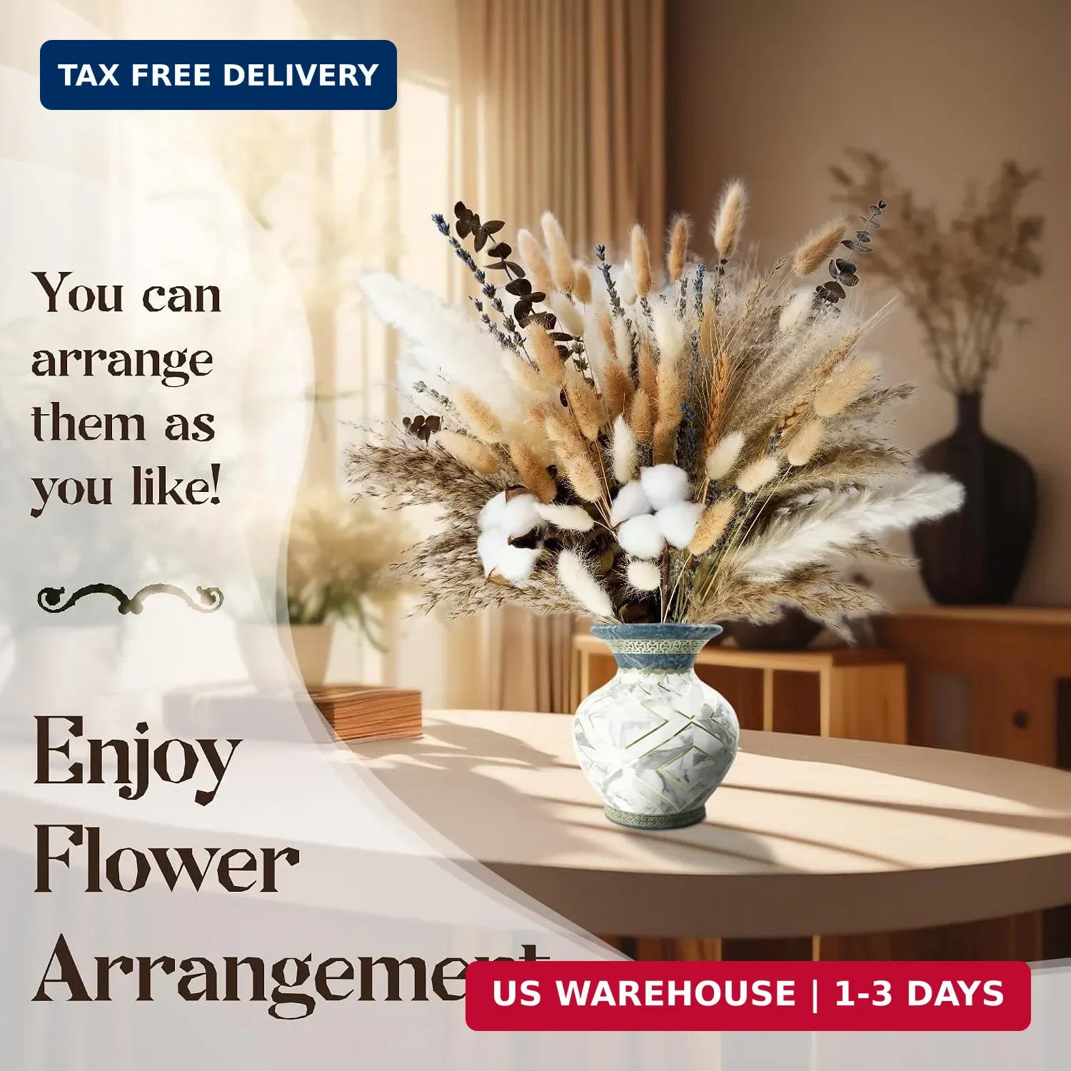 Natural Dried Flower Bouquet – Pampas Grass, Cotton Stems, Bunny Tails, Eucalypt