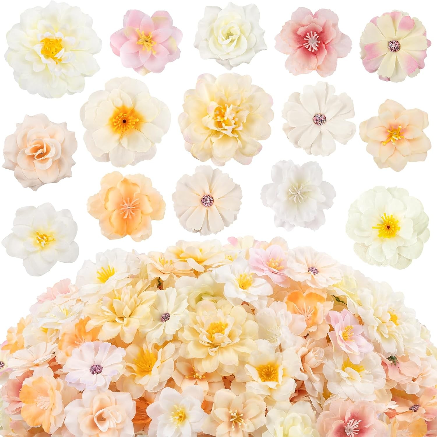210 Pcs Mini Silk Flower Heads, Faux Rose Daisy Sunflower Bulk Crafts