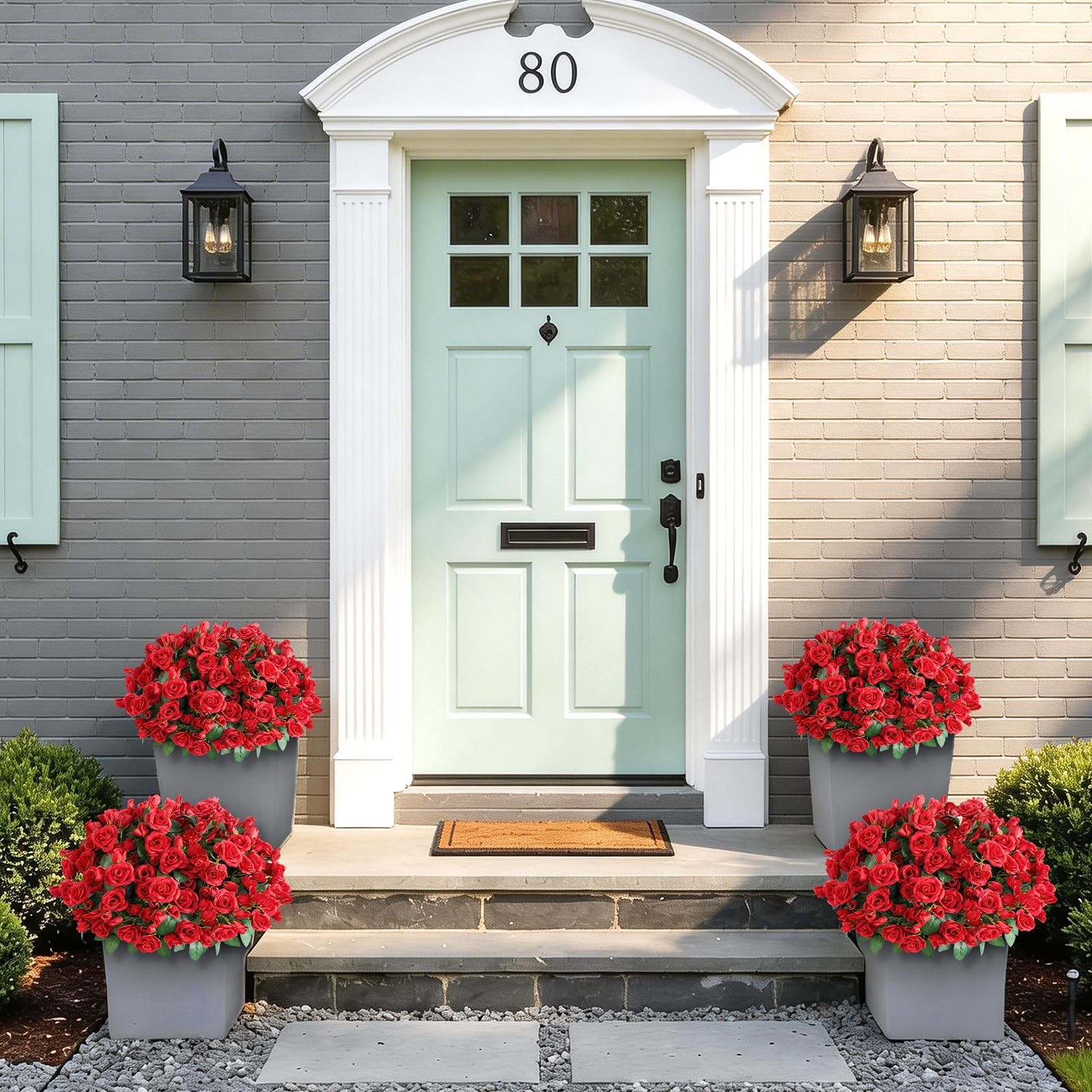 Bundles Artificial Roses for Front Door Outdoor Decor, Realistic Fake 8 Red
