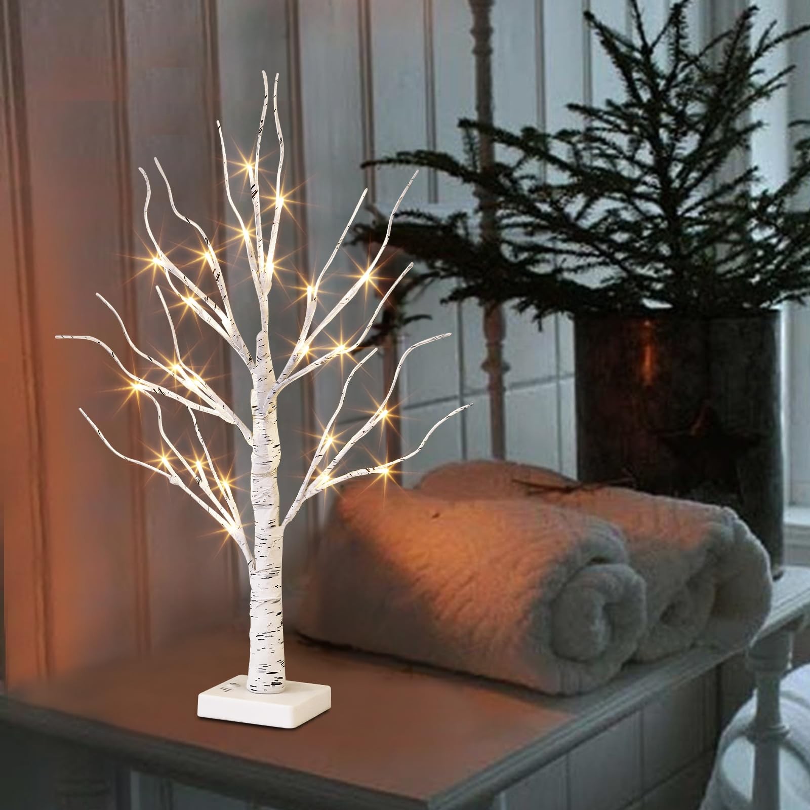 White Birch Tree with LED Lights, Prelit Artificial Tree with Timer, Centerpiece