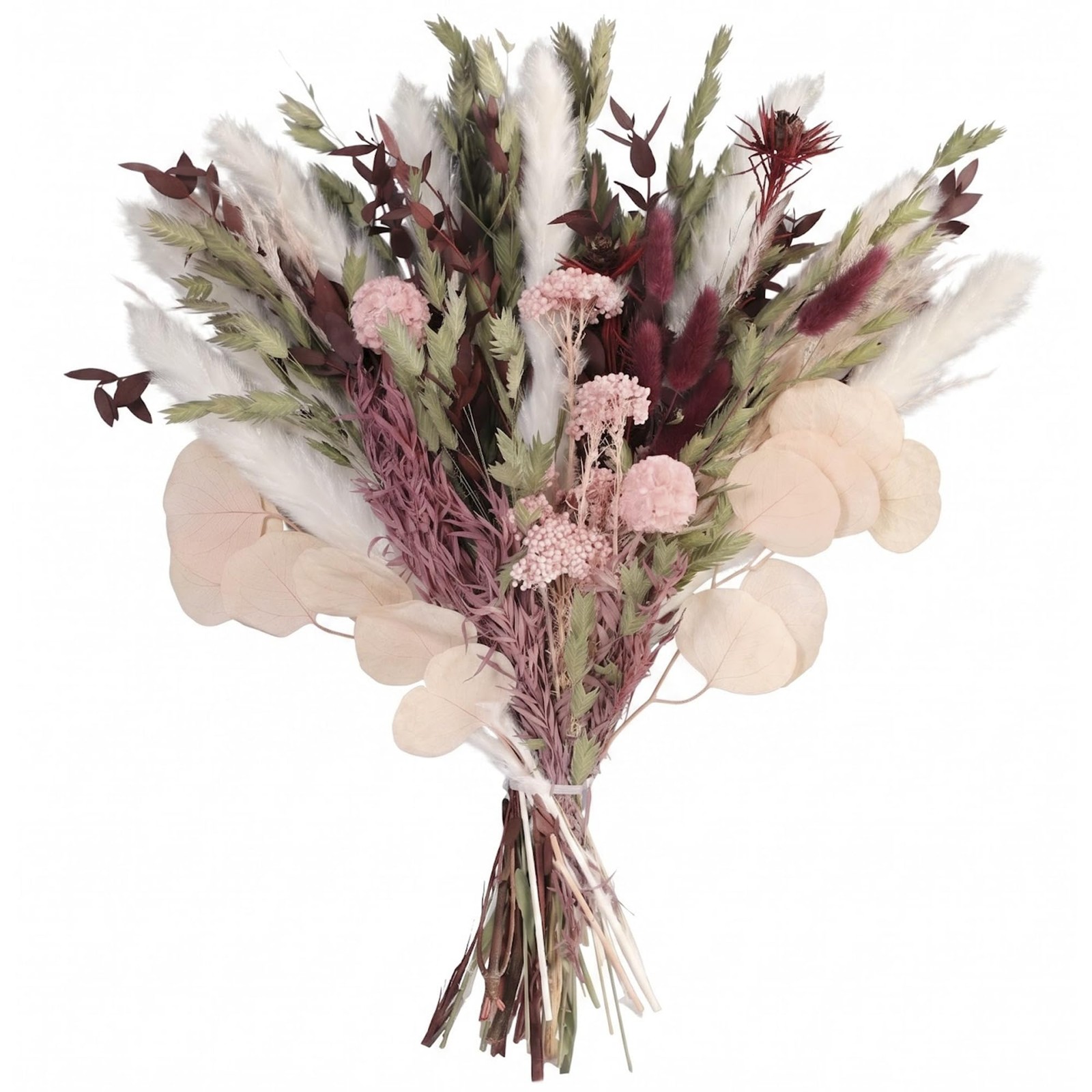 Blush Pink & Burgundy Dried Flower Bouquet, Cream Pampas Grass with Sage Gree…