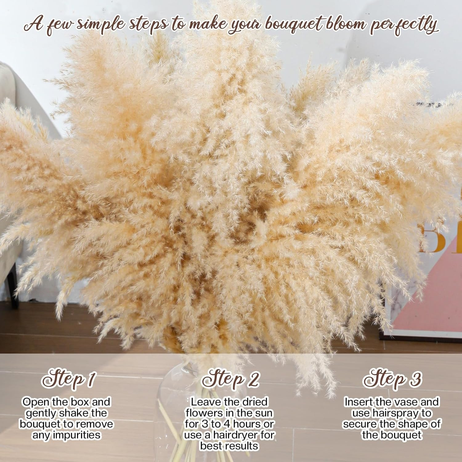 15Pcs 40”Dried Pampas Grass Decor Tall-Large Pompas Grass-Natural Beige Tall Pa