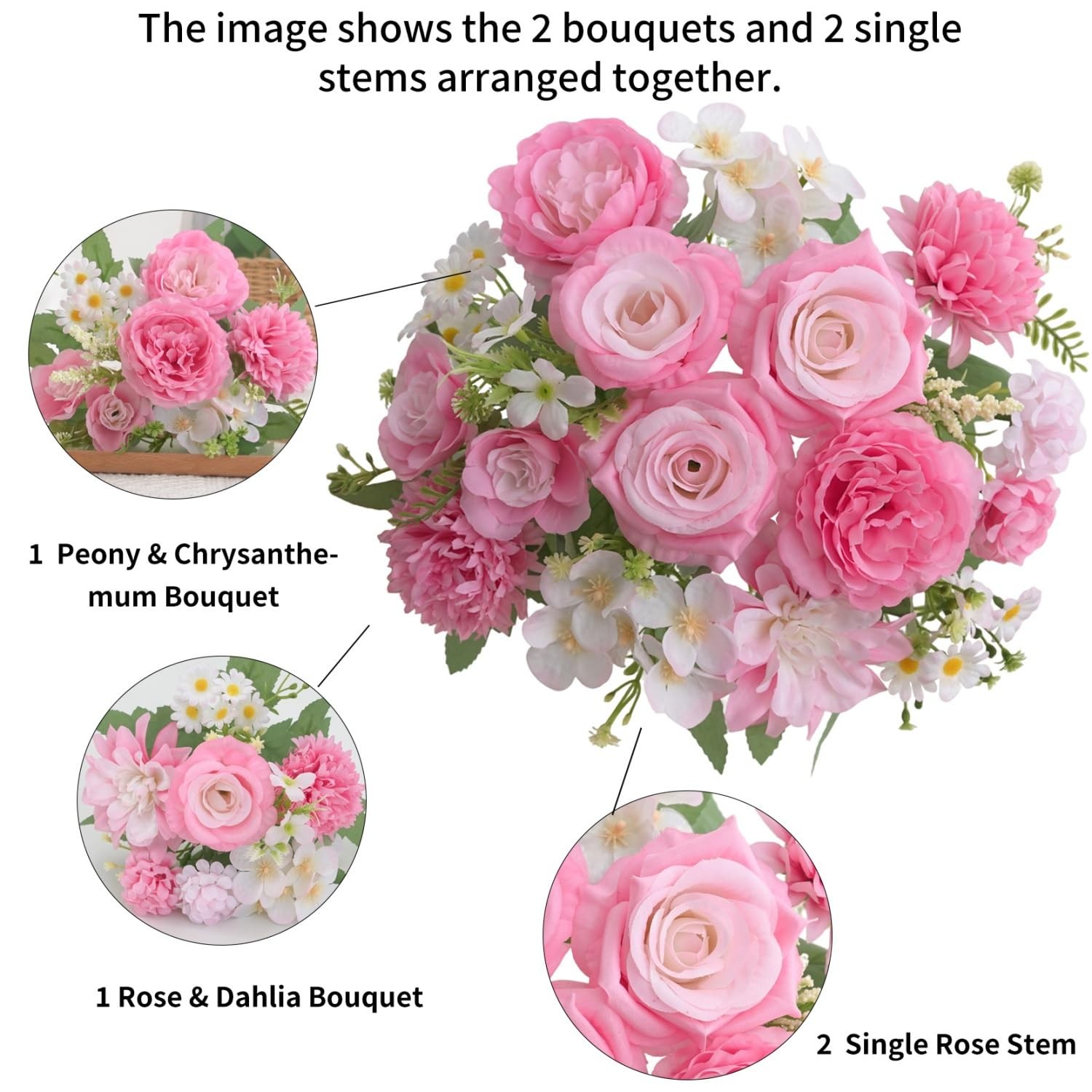 4 Pcs Mixed Artificial Flowers Small Peony Bouquet Fake Rose Silk Floral