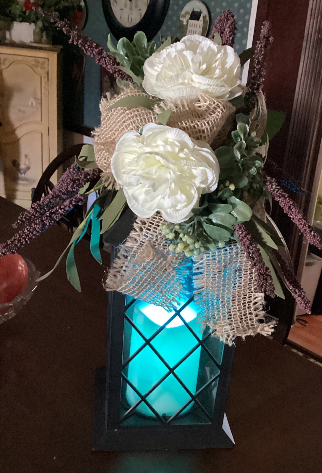 Multi Color Light Lantern with Flowers and Burlap Indoor Outdoor Decor 14.4″