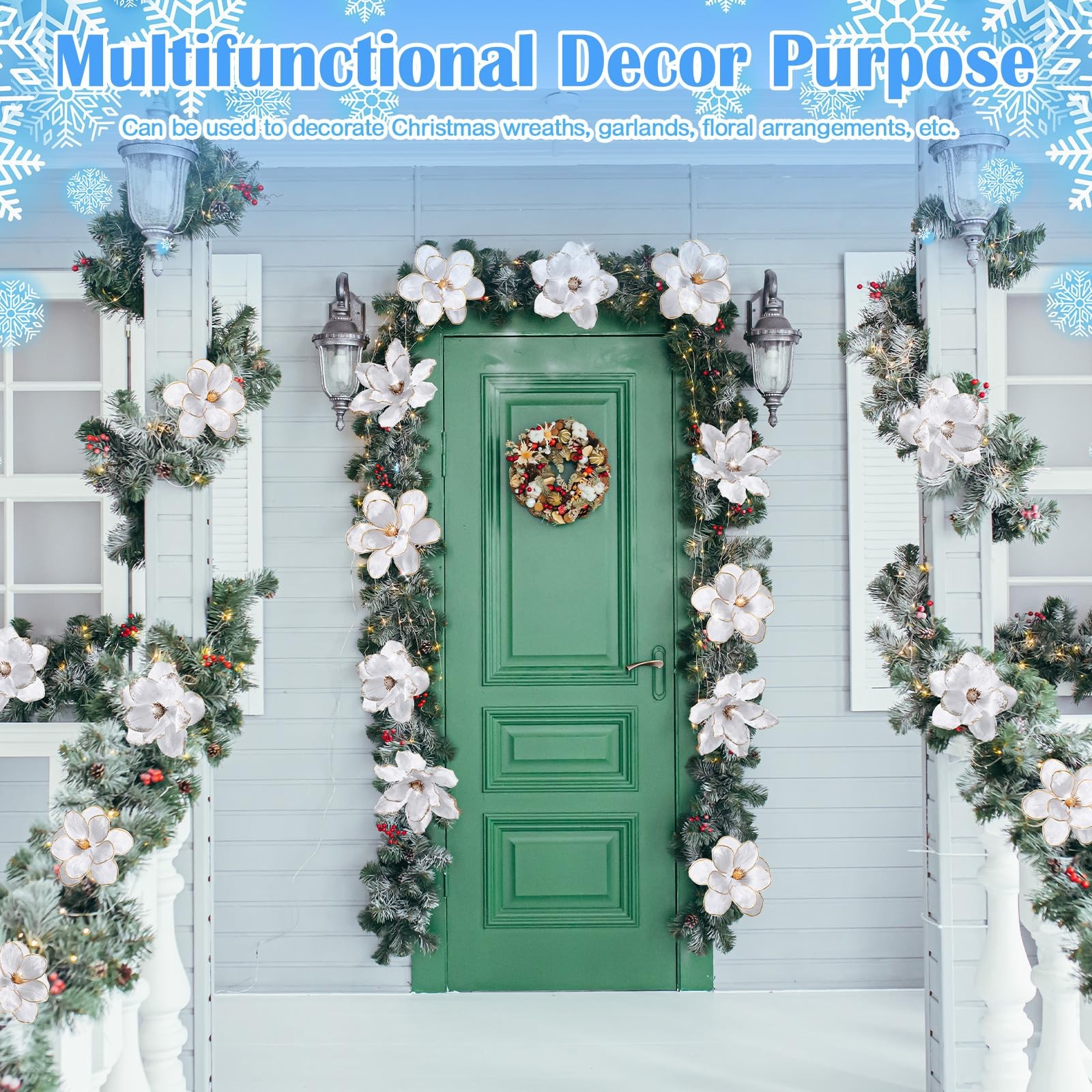 12 PCS 9 Inch White Velvet Christmas Magnolia Artificial Flower Glitter