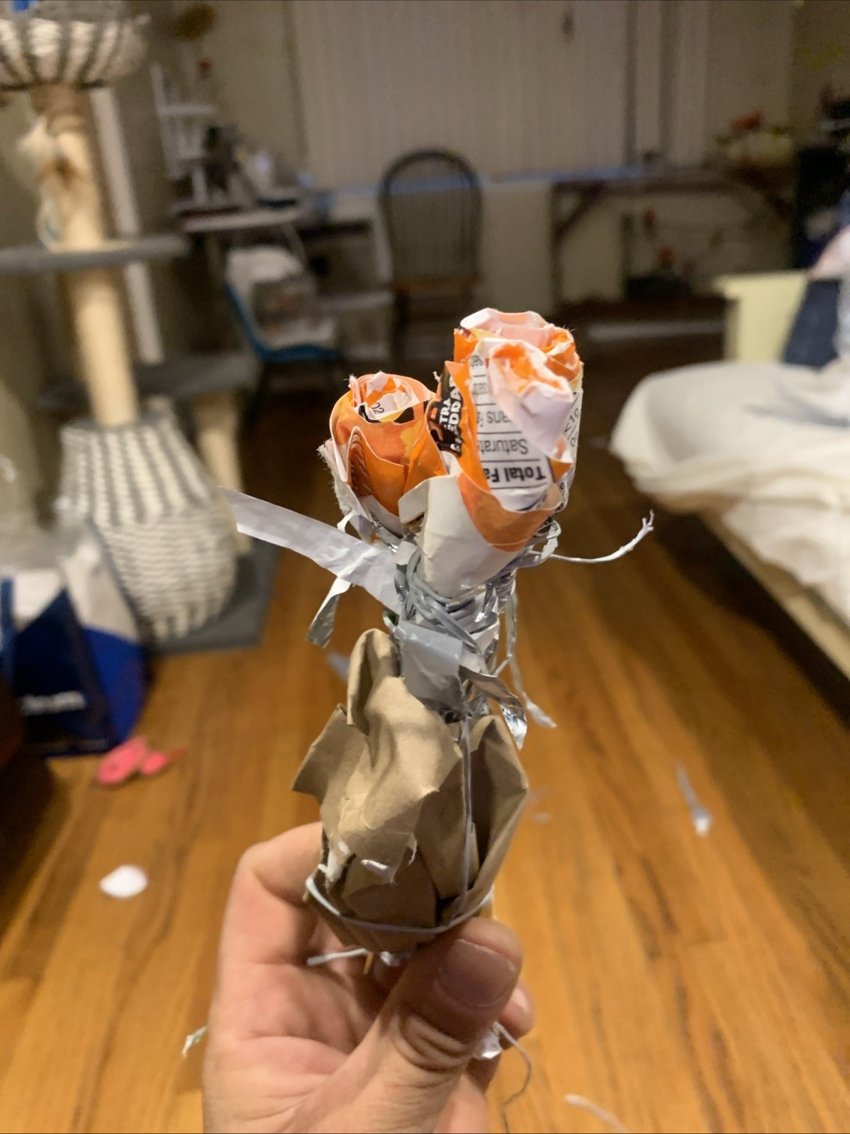 Three Rose Stems w/orange Rose Buds Made From •Gold Fish Snack Cover Wrap W Love