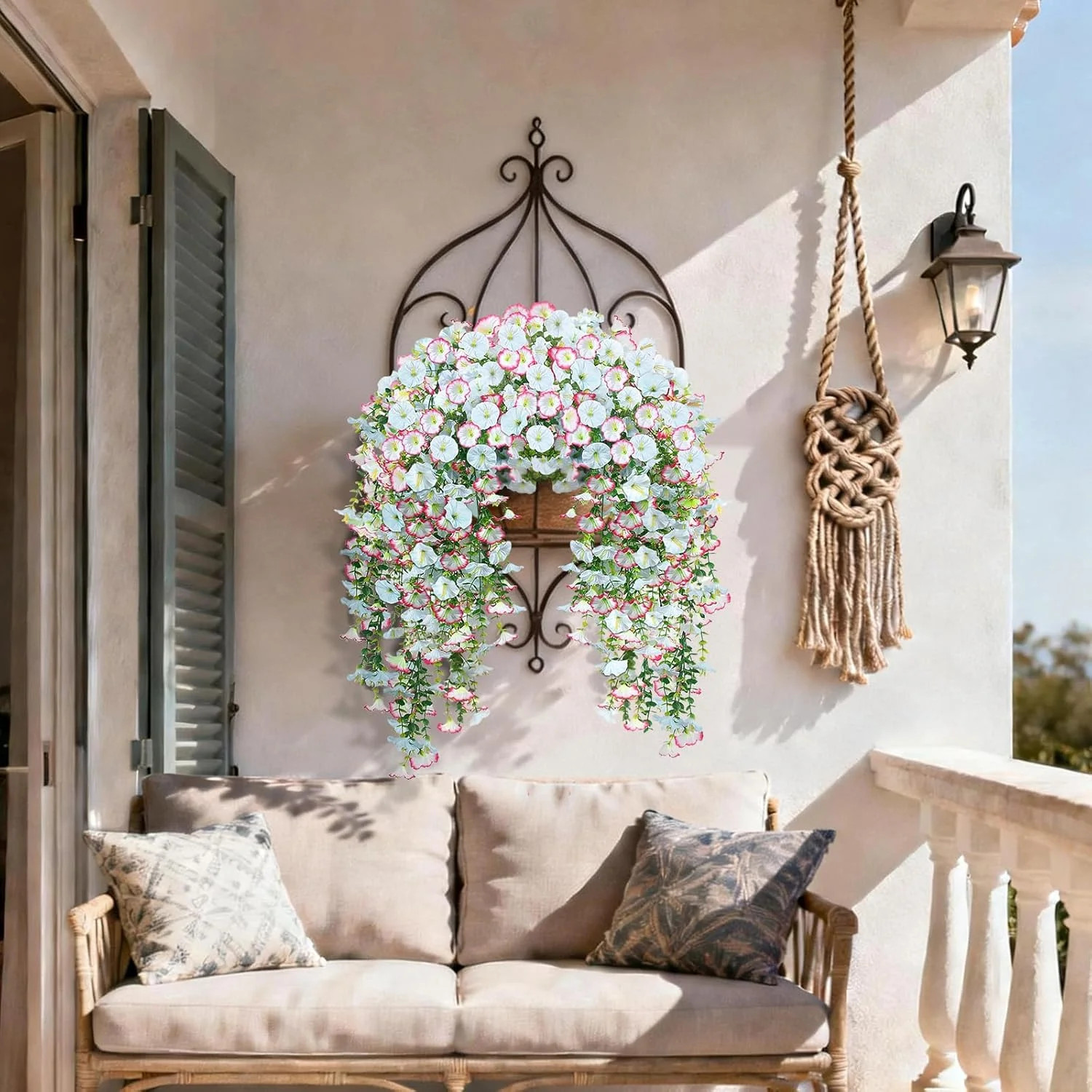 2PCS Artificial Hanging Flowers UV Resistant Morning Glory Faux Vines Blue