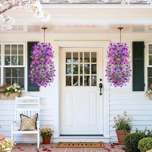 Artificial Fake Flowers for Outdoors,2PCS Faux Hanging Purple Deep Purple