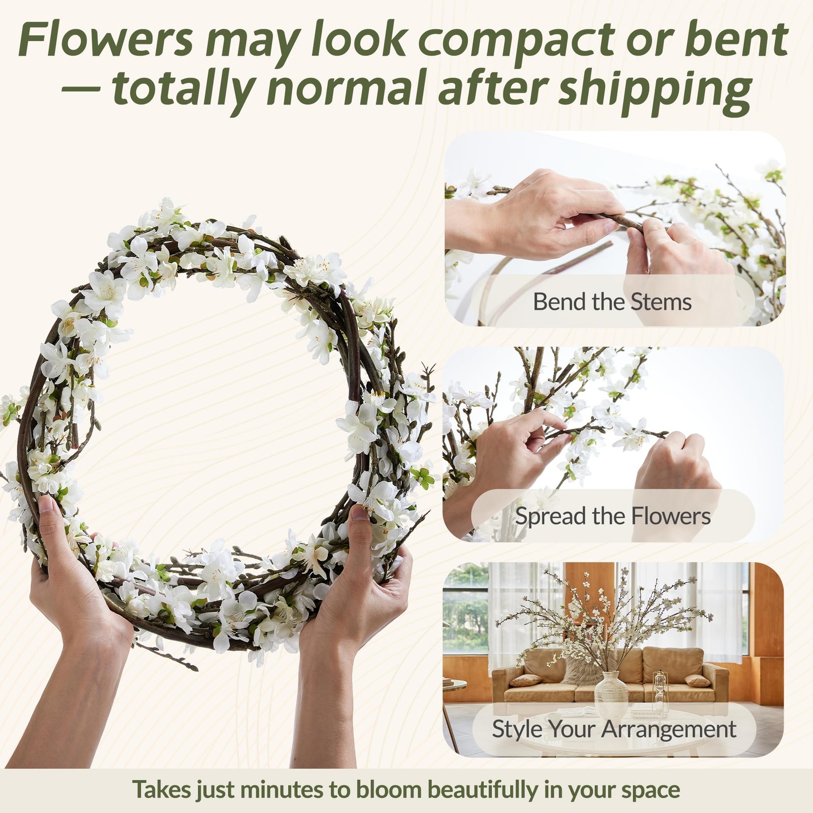 4 PCS 43″ White Realistic Silk Artificial Cherry Blossom Branches Faux Flowers