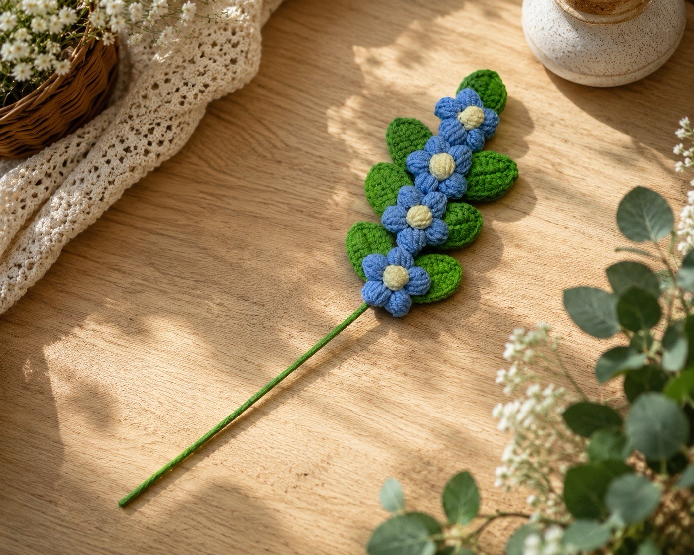 Handmade Crochet White Flower Stem Knitted Floral Decor Gift Home Decoration