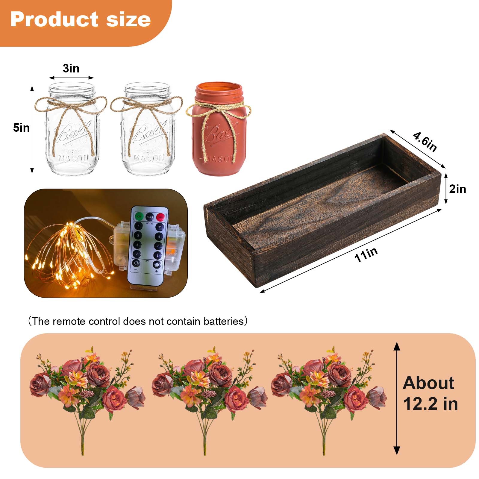 3-Piece Set Mason Jar with Artificial Flowers Rose Centerpiece Table Decoration