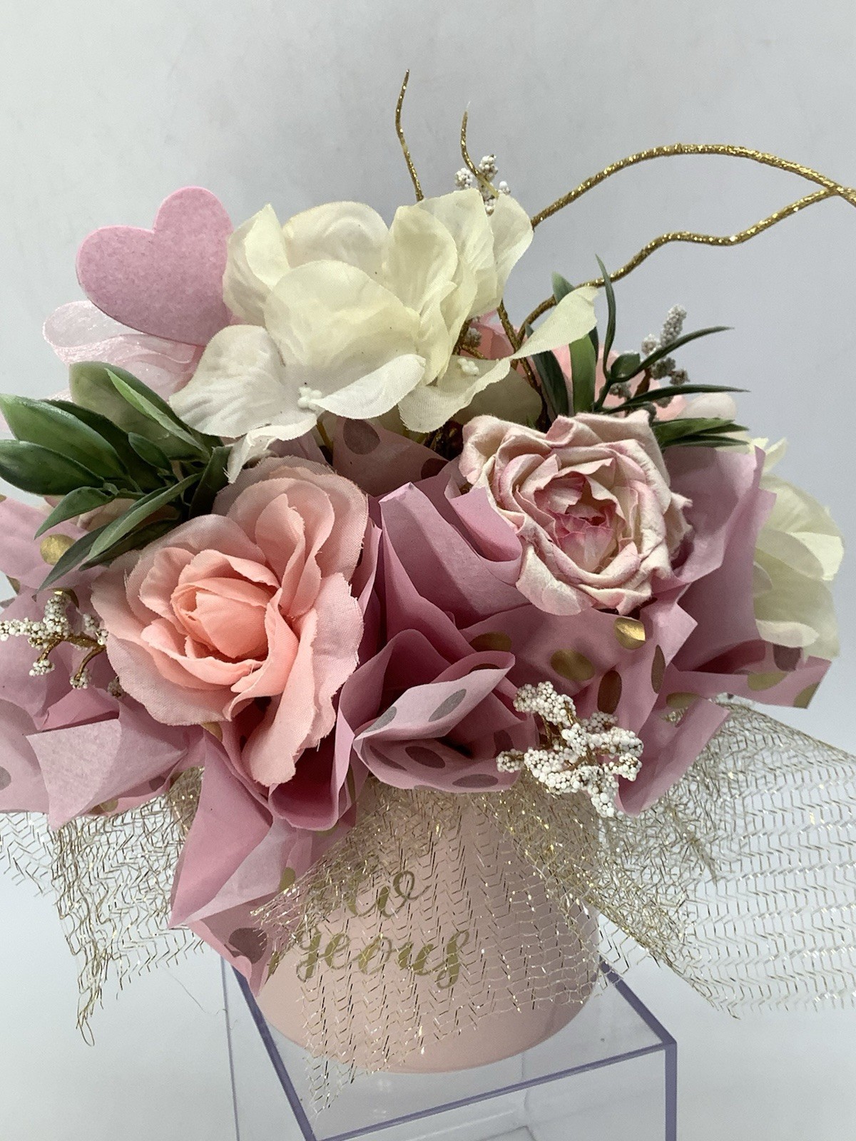 Handmade Valentines Day “Hello Gorgeous” Coffee Mug Pink Gold Floral Arrangement