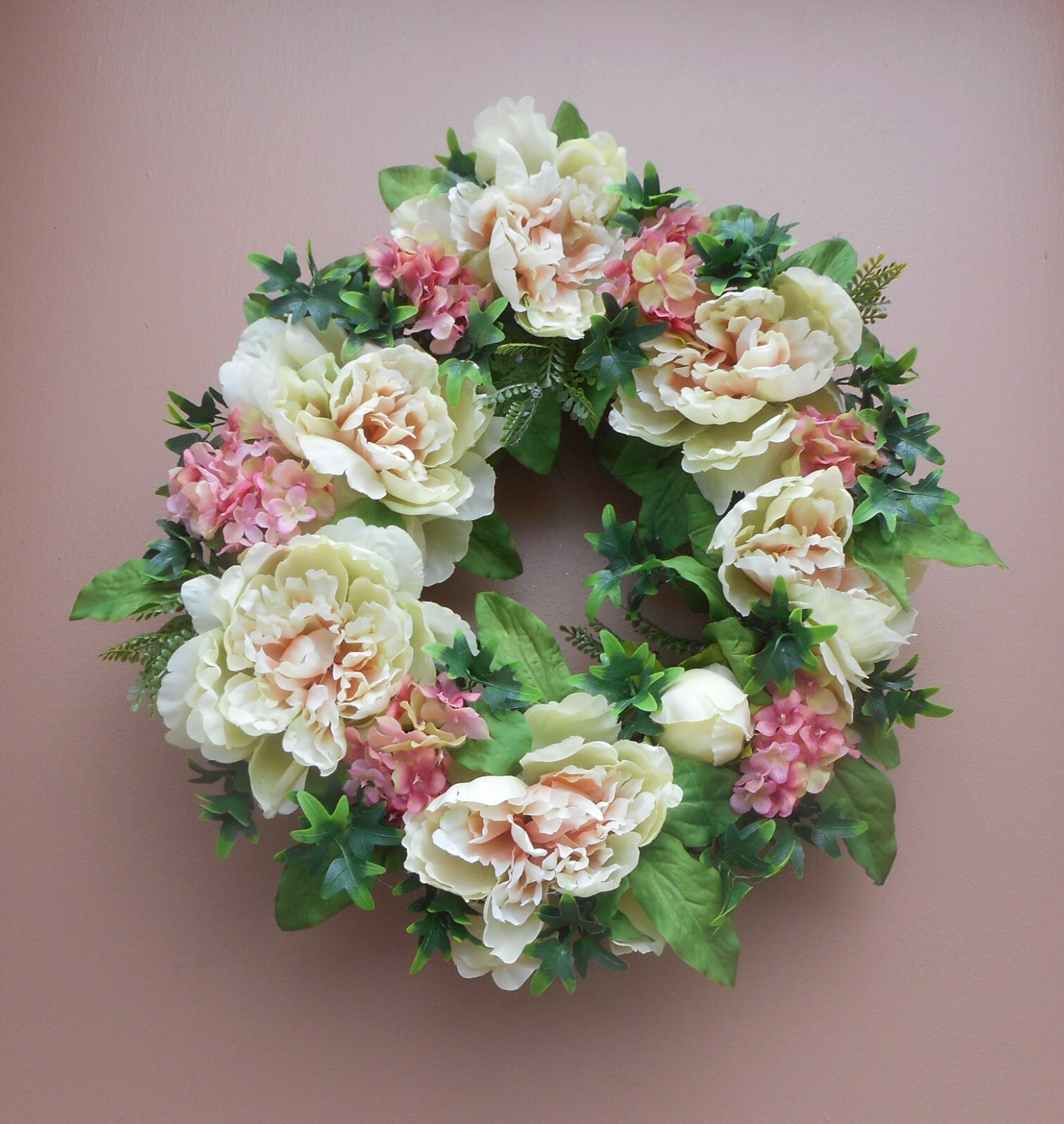 17″ Green Pink Peony Pink Hydrangea Floral Summer Grapevine Door Wreath