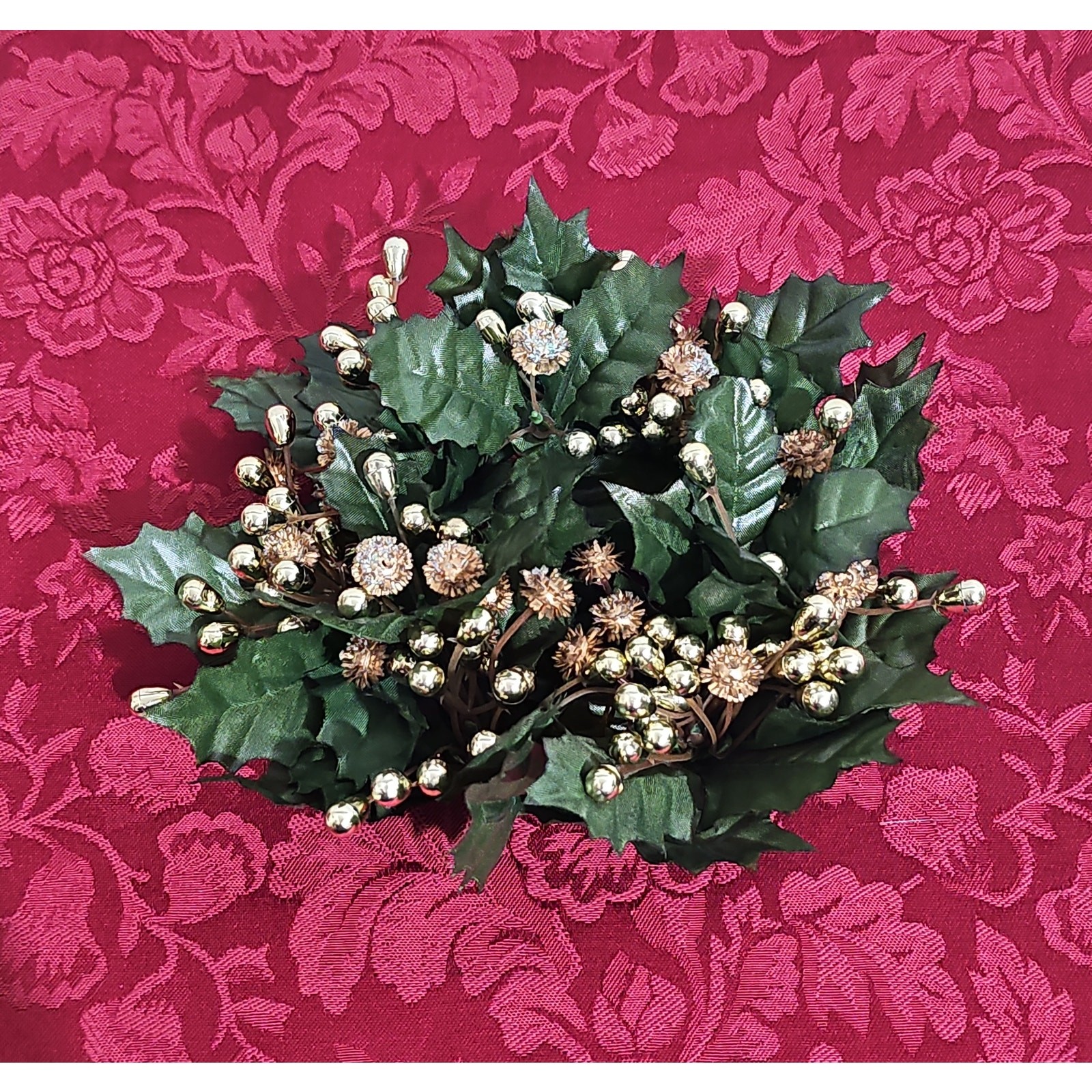 Two Vintage Candle Ring Pillar Wreath Centerpiece Gold Pinheads Holly Christmas