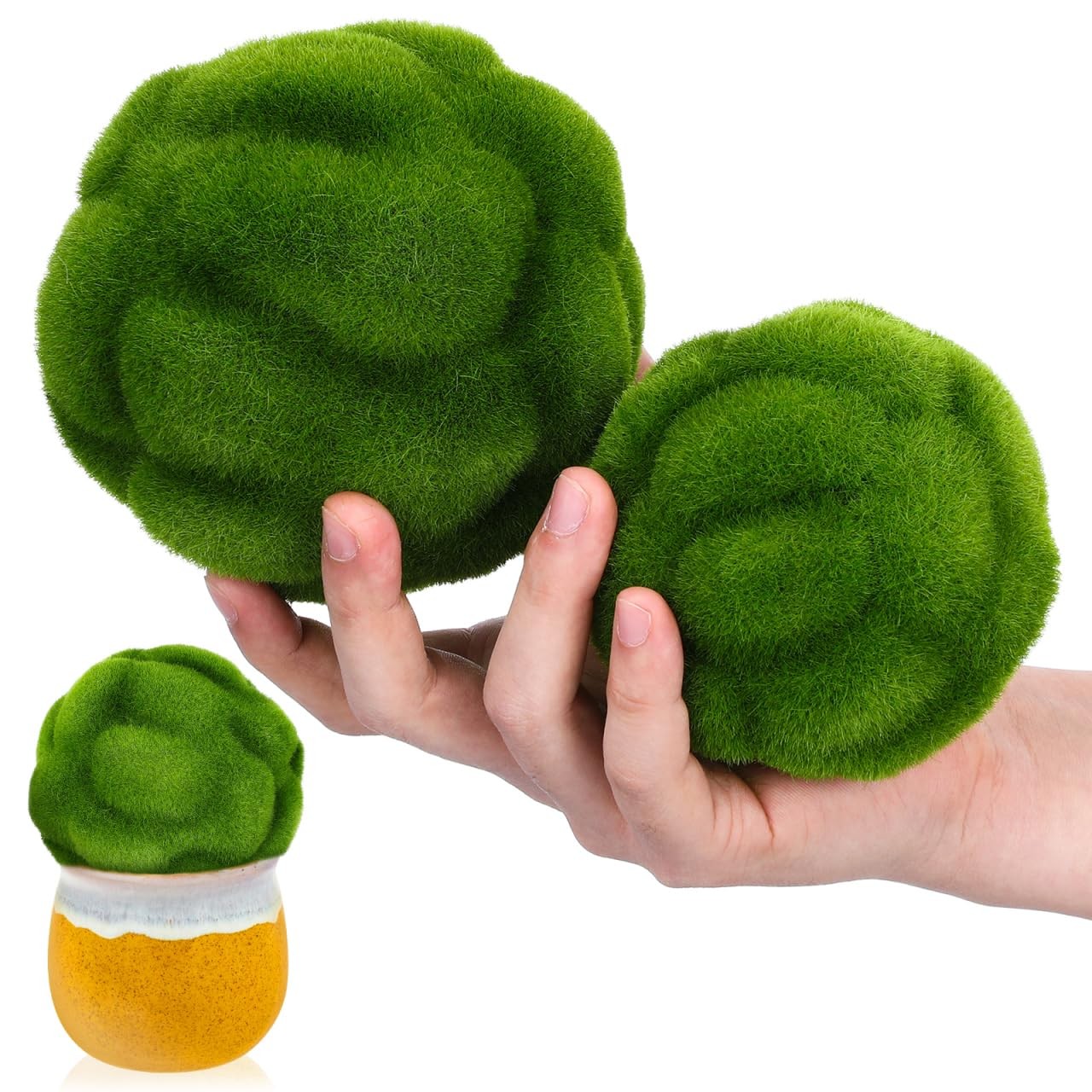 2 PCS Artificial Faux Green Moss Balls Large Small Globes Bowl Table Decor