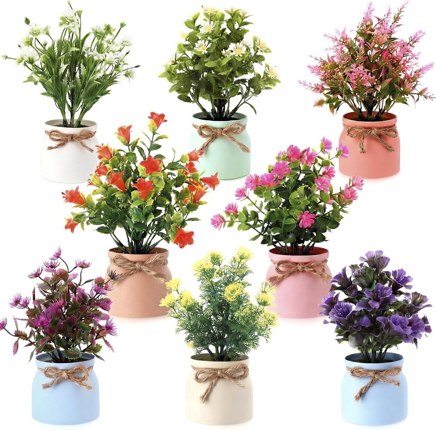 Large Summer Faux Flower Centerpieces in Macaron Pots – 8 Pcs Decor