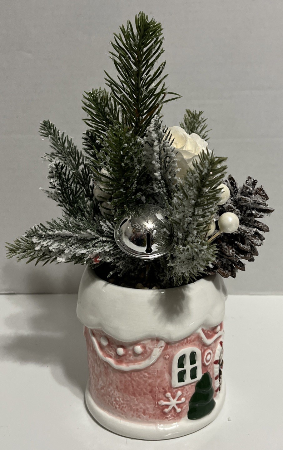 Flora Bunda Christmas Artificial Plant Pink Gingerbread House Ceramic Pot Decor