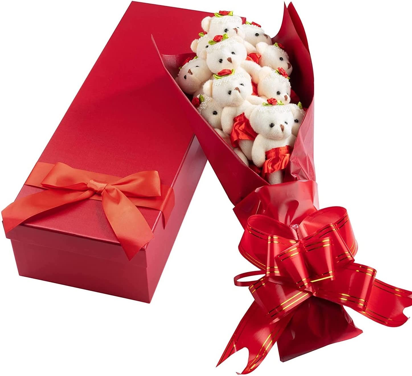 Deluxe Red Love Bear Bouquet One Dozen Long Stemmed Roses w Plush Bears in Tutus