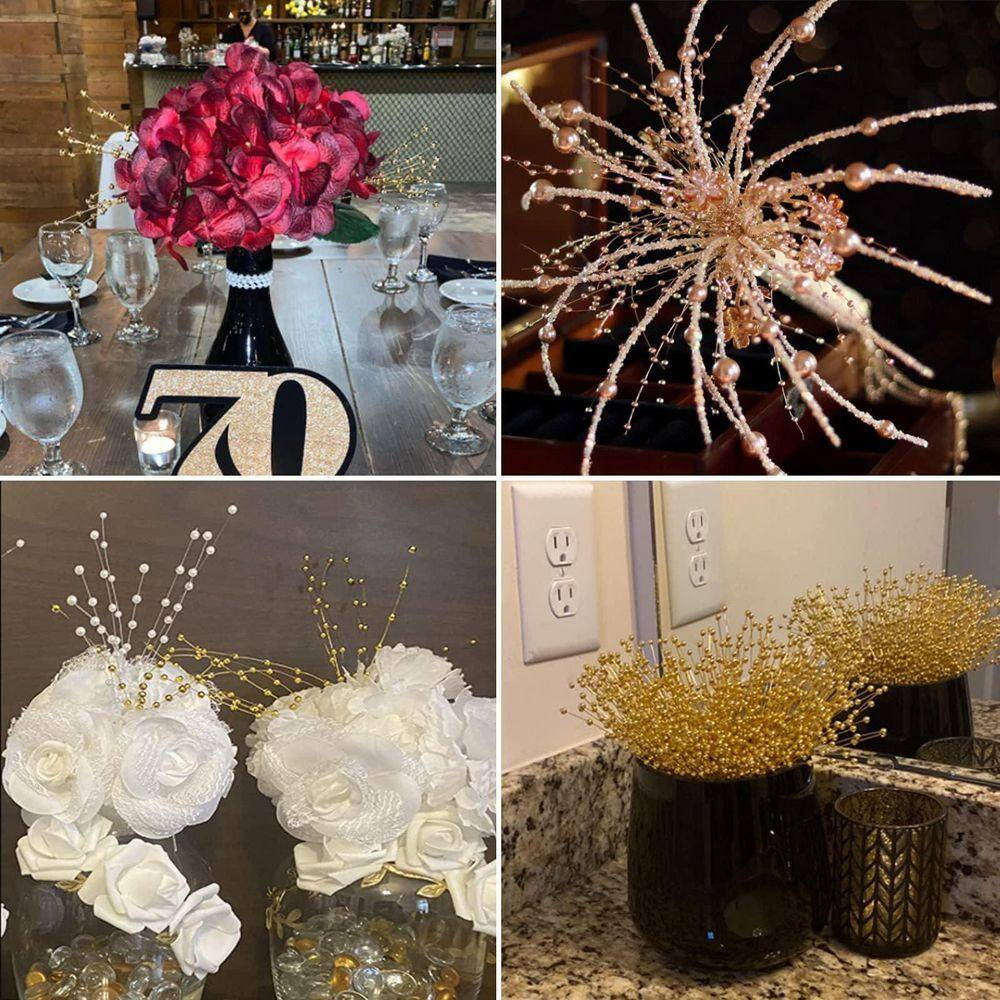 1.18 In. 60 Piece Gold Artificial Pearl Beaded Spray Stems Floral Branches for V
