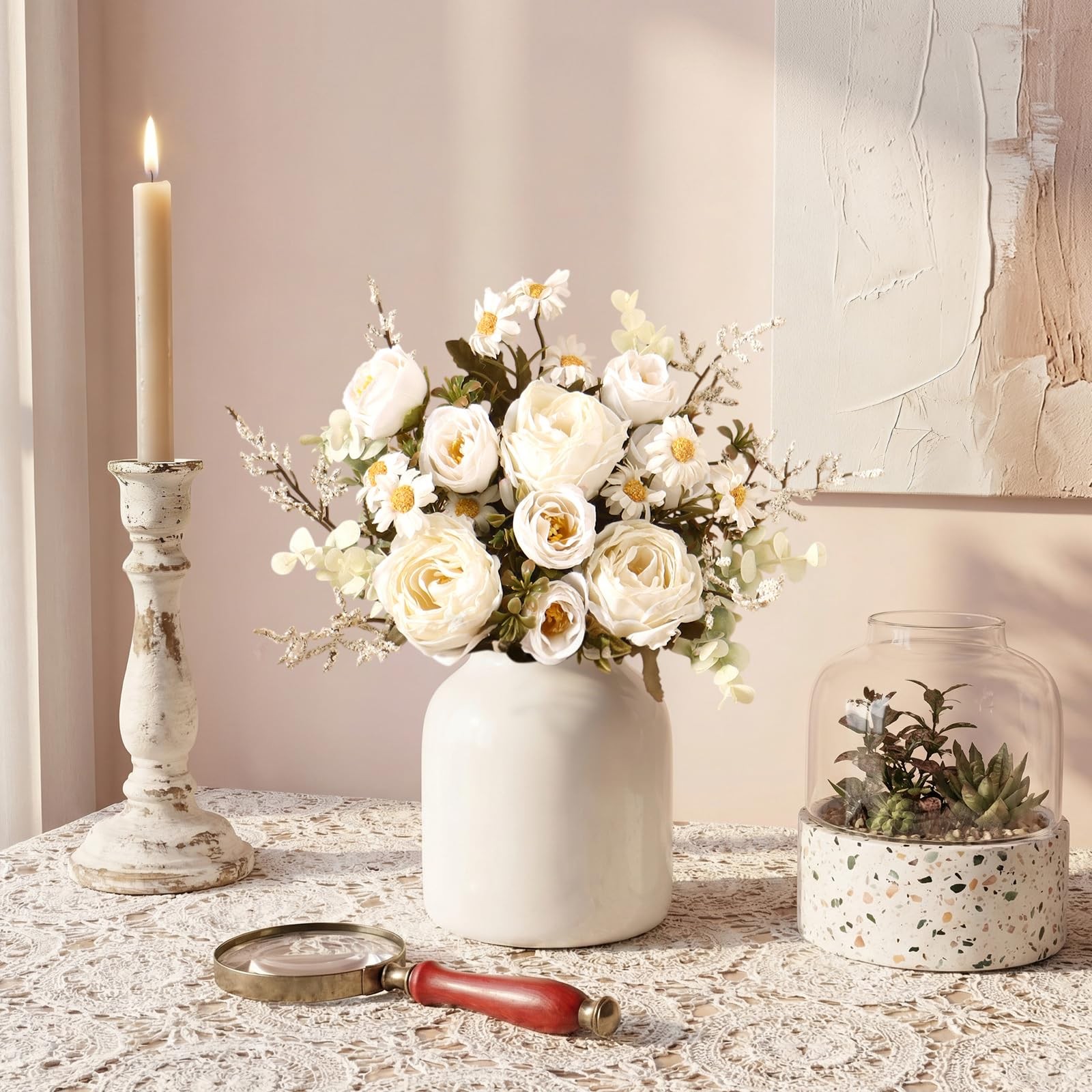Artificial Roses Flowers 3 Pack Vintage Roses White Flowers Small Silk Rose B…