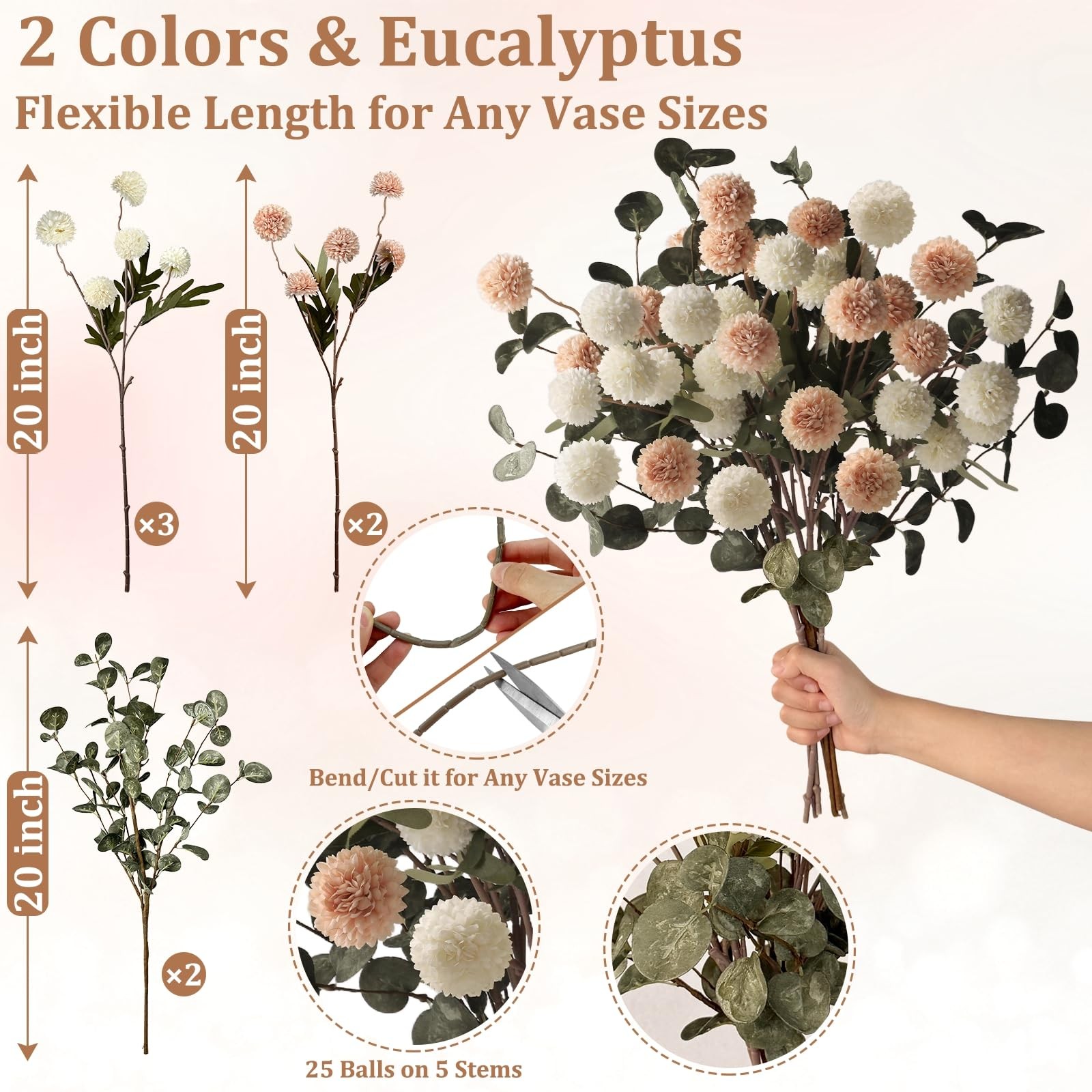 7pcs Beige Ivory Faux Silk Mums + Eucalyptus Artificial Flowers for Vase 20″,…