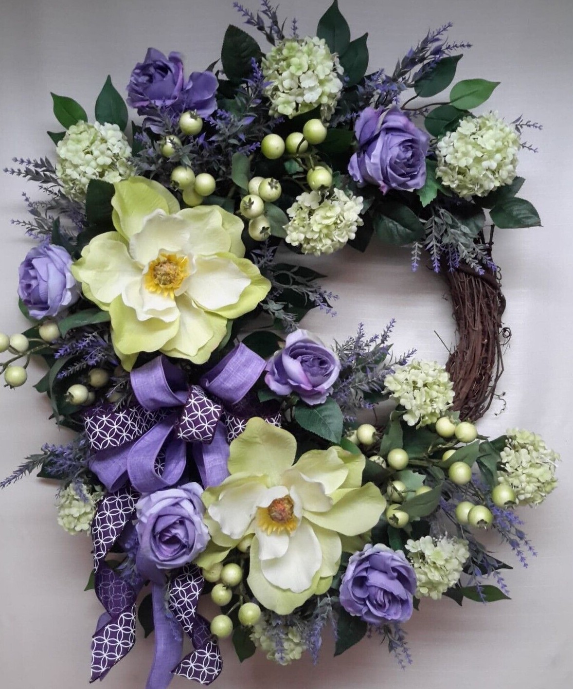 Summer Flower Door Wreath Magnolia Traditional Southern Style Decor Purple Rose