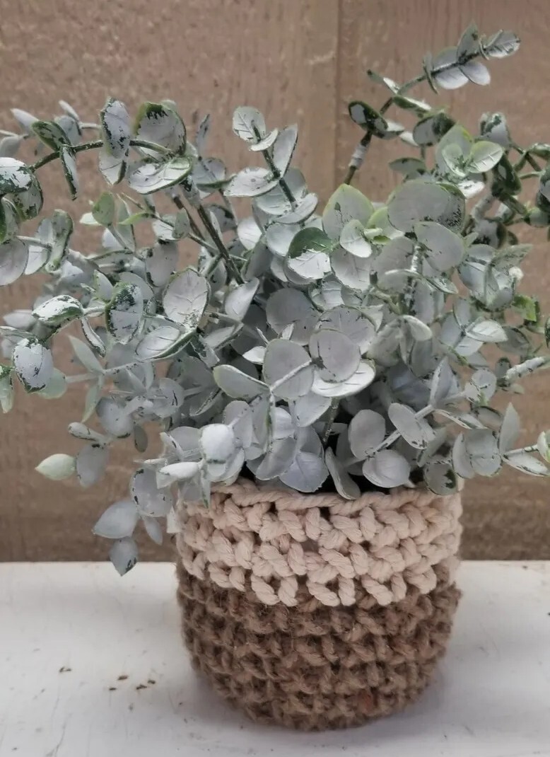 Faux Succulent Plant Dusty Green Crocheted Pot Tan White Jute Twine Cotton 10″