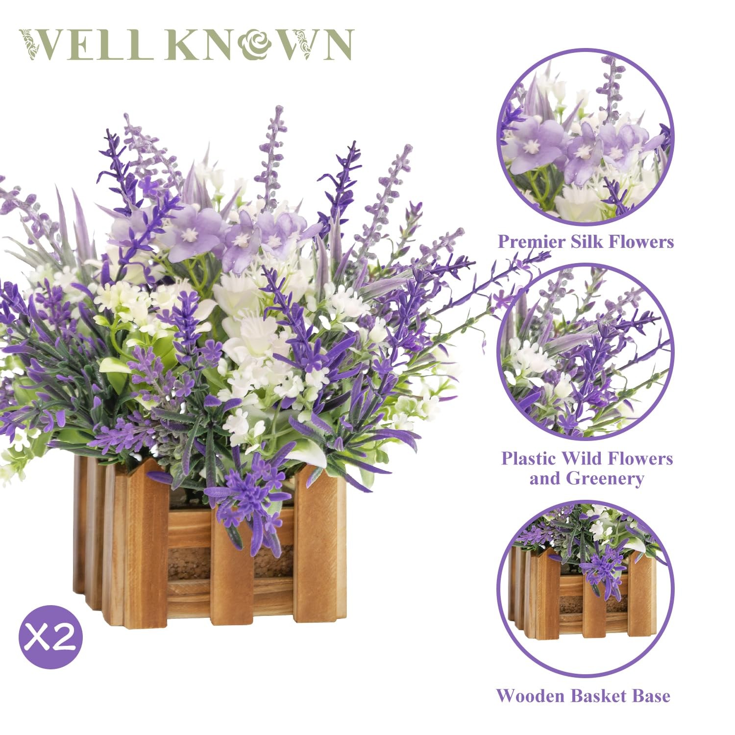 Artificial Lavender Plants in Wooden Baskets, Artificial Mini White Flower Ar…