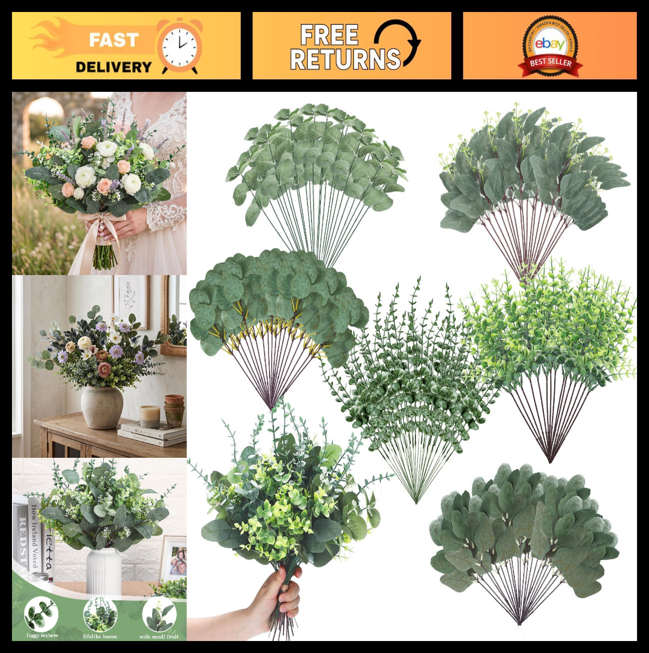 200 Pcs Mixed Eucalyptus Leaves Stems – Bulk Faux Greenery for DIY Bouquets & De