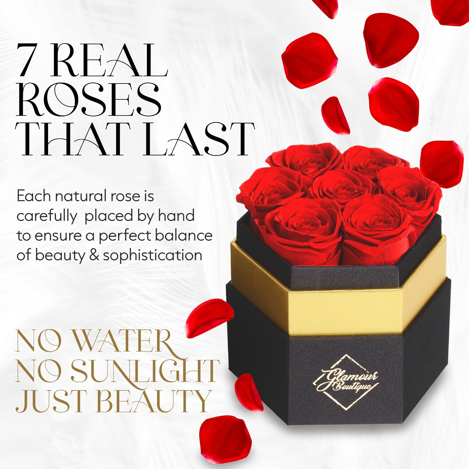 Glamour Boutique Hexagon 7-Piece Forever Real Rose – Preserved Roses in a Box