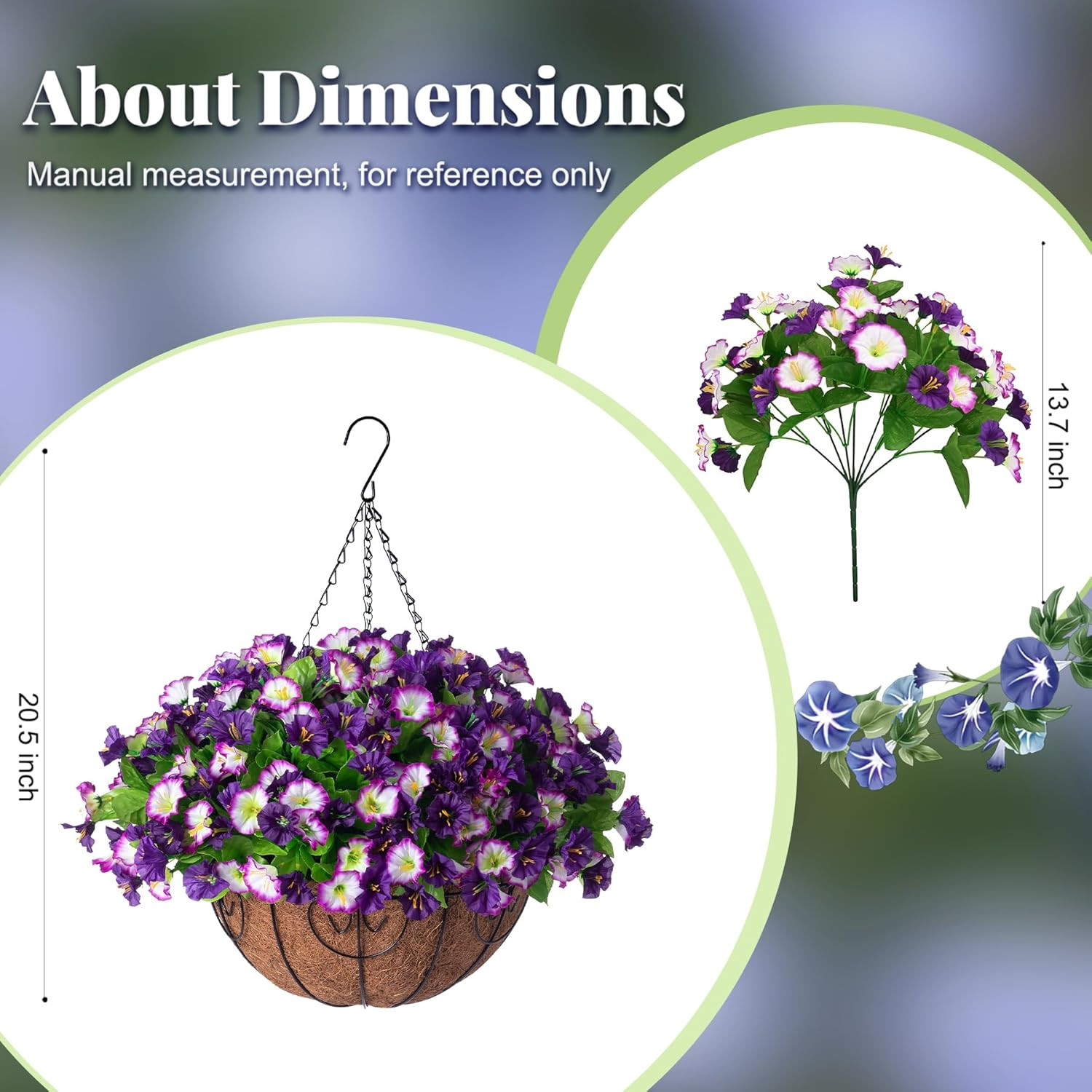 Artificial Hanging Flowers 12 Inch Basket, Faux Silk Petunias Flower Arrangement