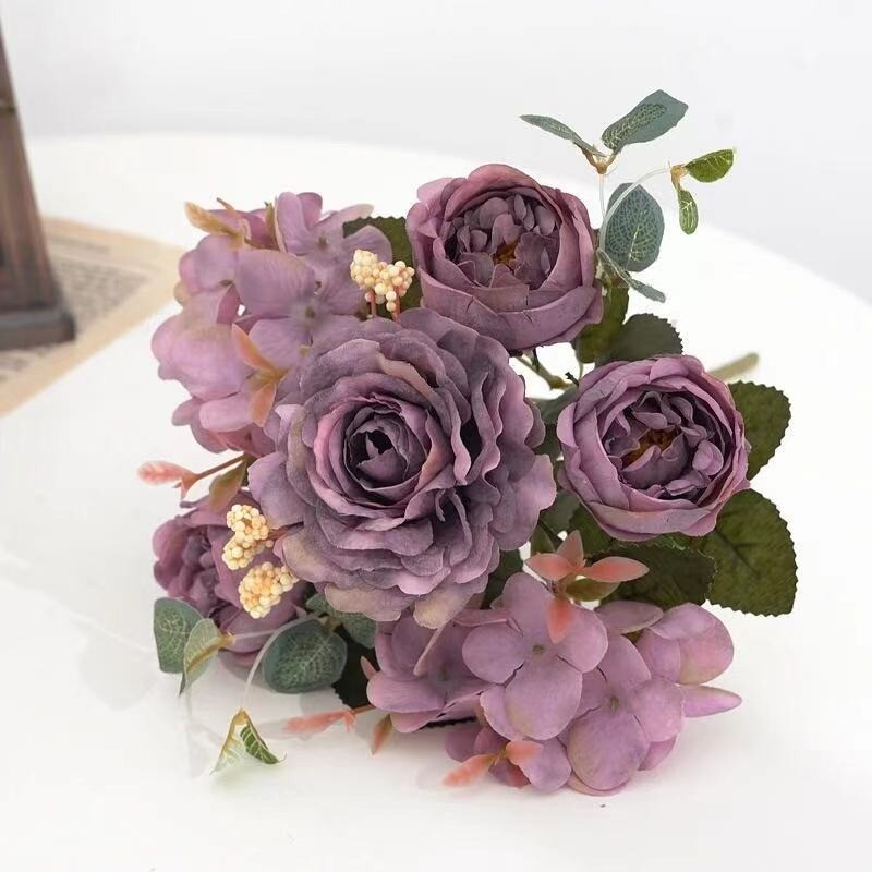 Artificial Flowers Retro Silk Rose Bouquet Hydrangea Peony Vintage Bride wedding