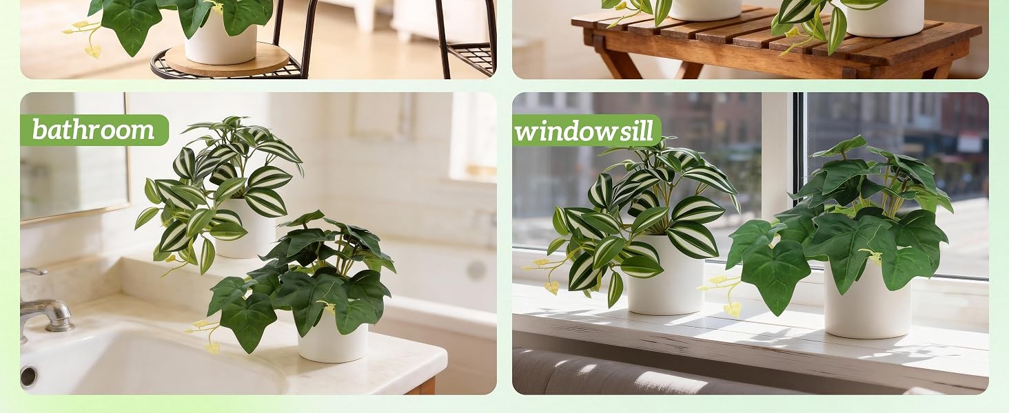 2Pcs Small Fake Plants, Artificial Mini Faux Potted Plant with White Pot,
