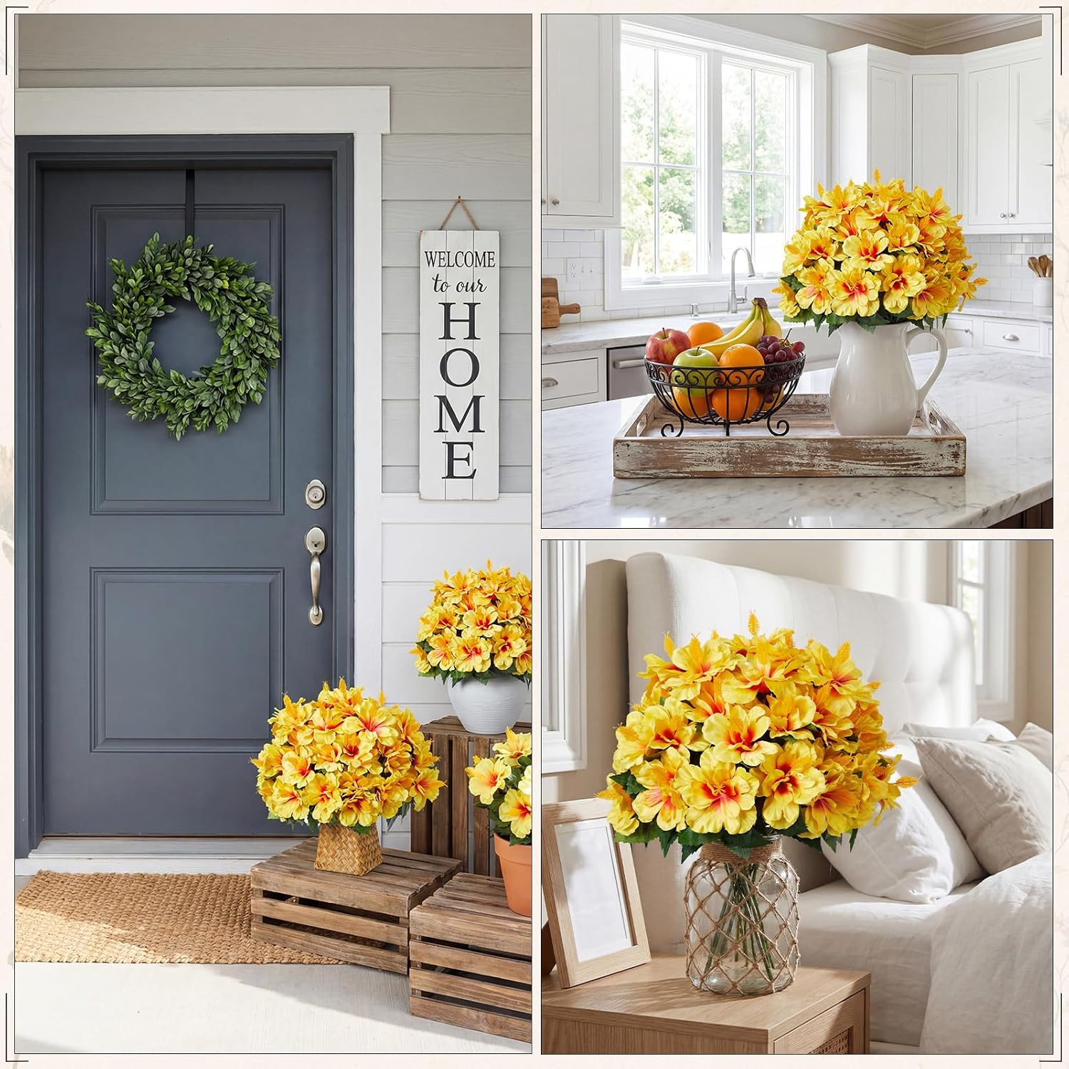 12 Bundles UV Resistant Yellow Artificial Hibiscus Flowers for Outdoor Decor