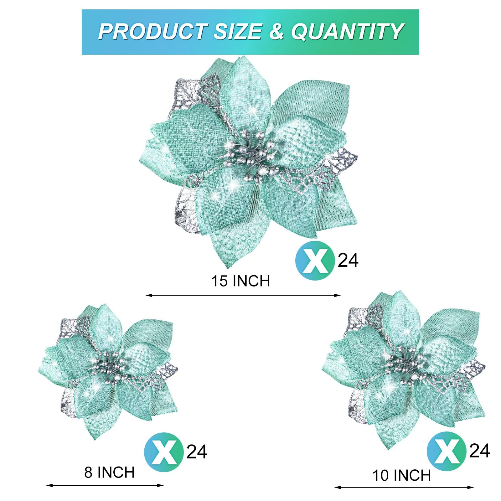 Mint Green Christmas Artificial Glitter Poinsettia Flowers 72 PCS 3 Sizes