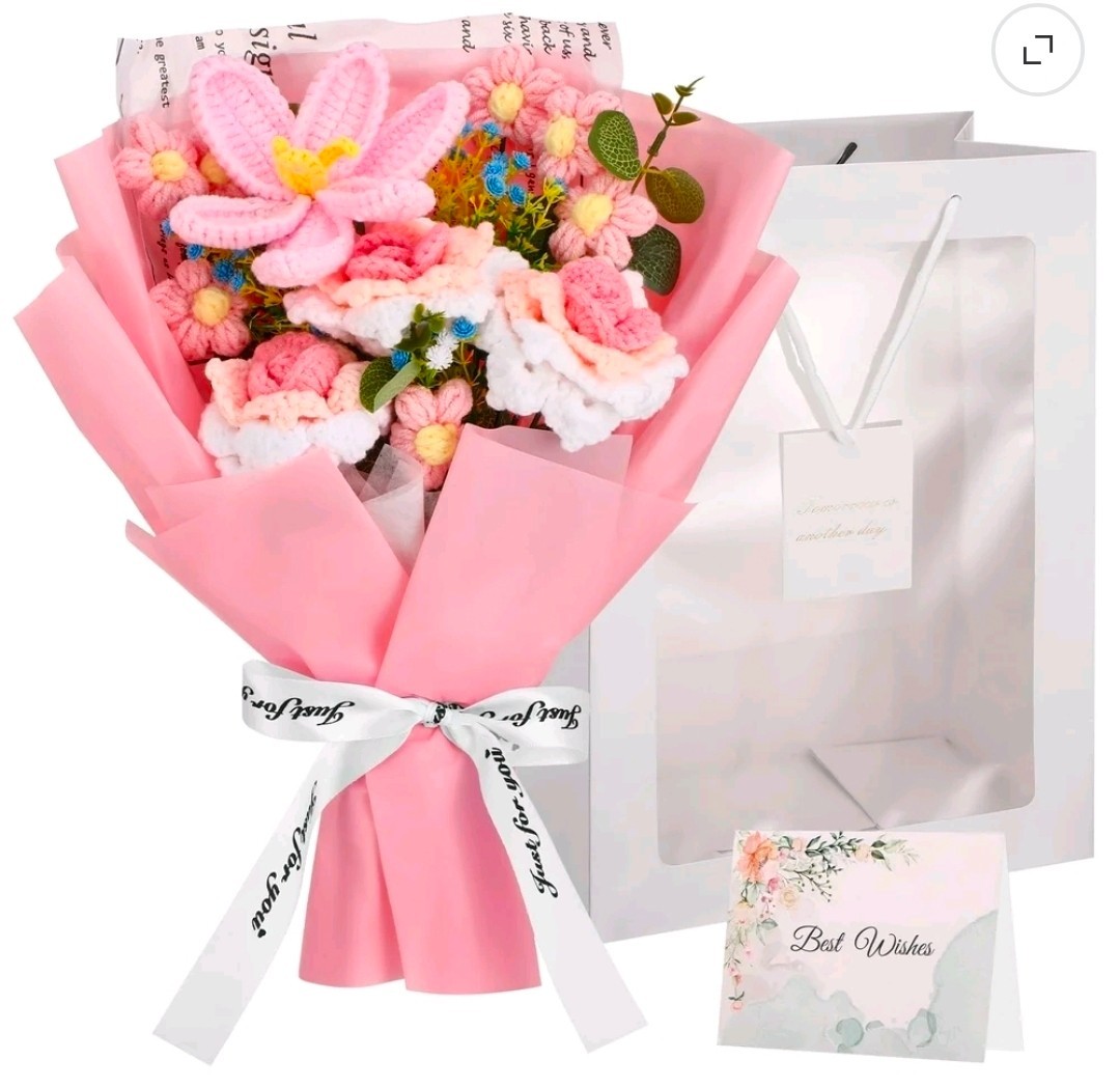 Armscye Pink Crochet Flower Bouquet Handmade Rose Sunflower Daisy New Open Box