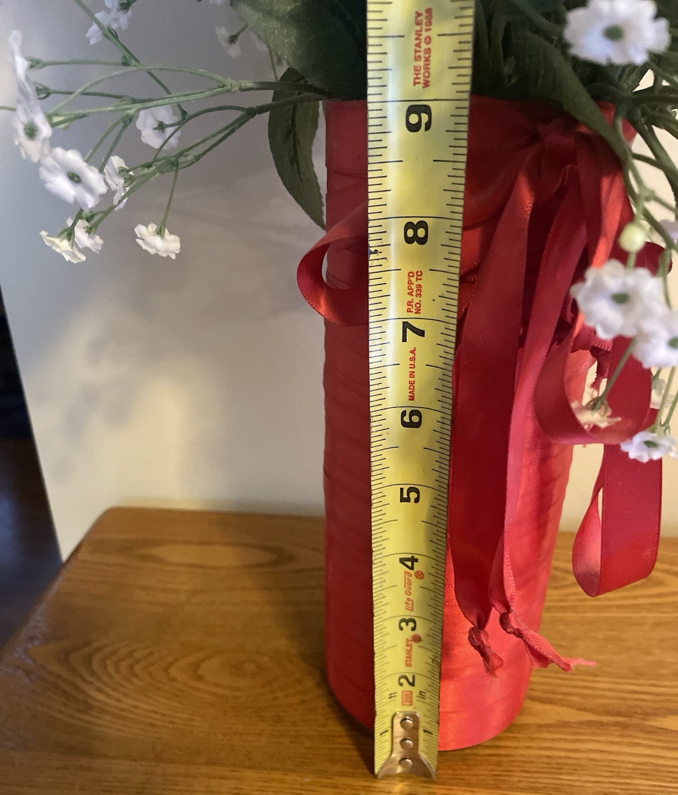 Silk Red Roses and Baby’s Breath Mothers Day Arrangement Glass Vase Red Ribbon