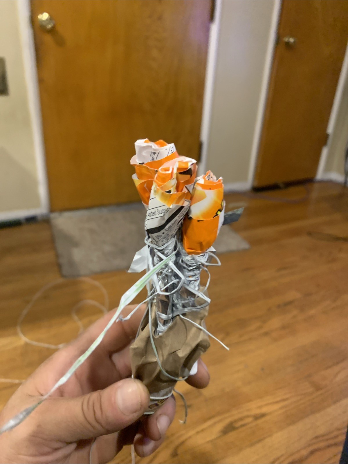 Three Rose Stems w/orange Rose Buds Made From •Gold Fish Snack Cover Wrap W Love