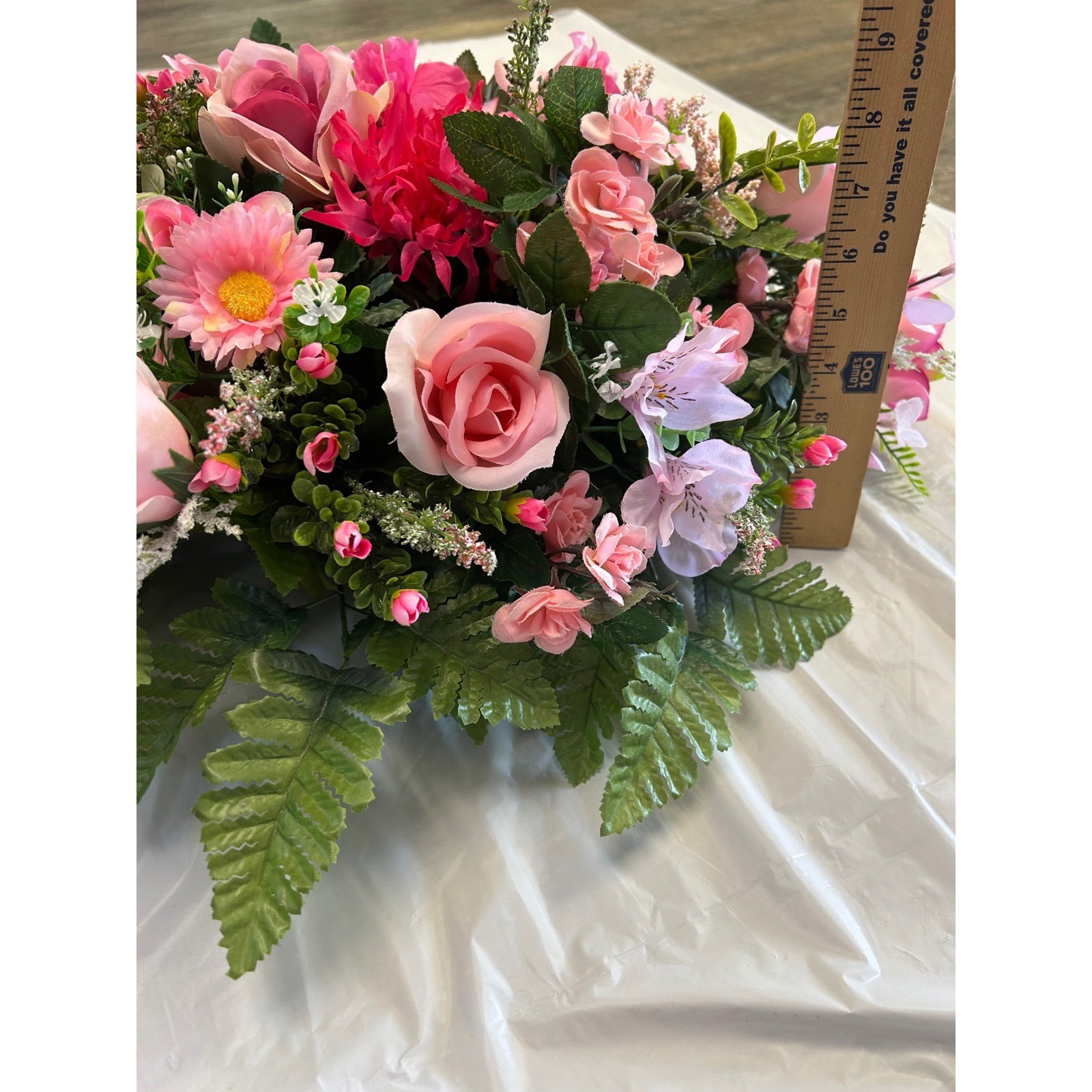 Pink Rose and Daisy Artificial Floral Cemetery Saddle Spray Arrangement 28in
