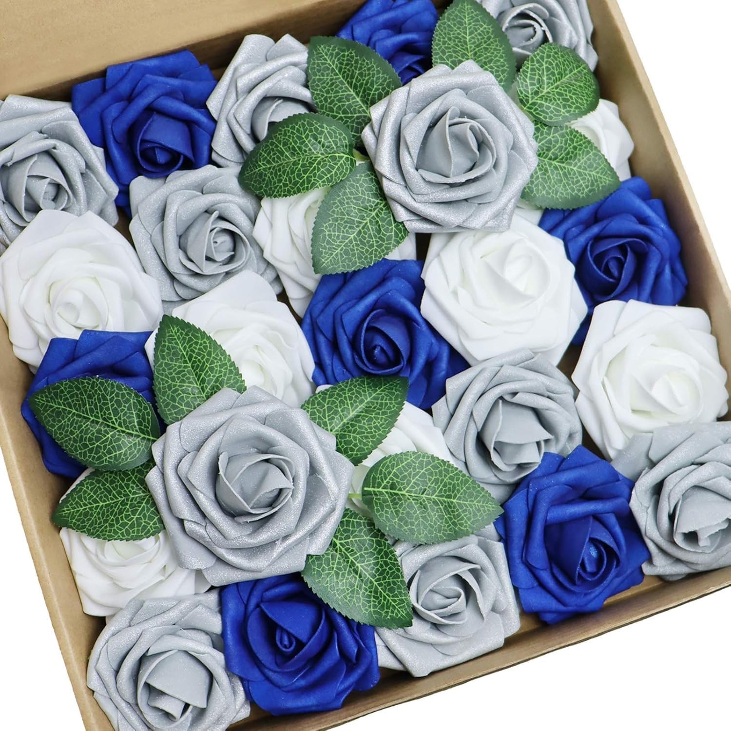 Artificial Flowers 25PCS White & Silver Gray & Royal Blue Real Looking Foam R…