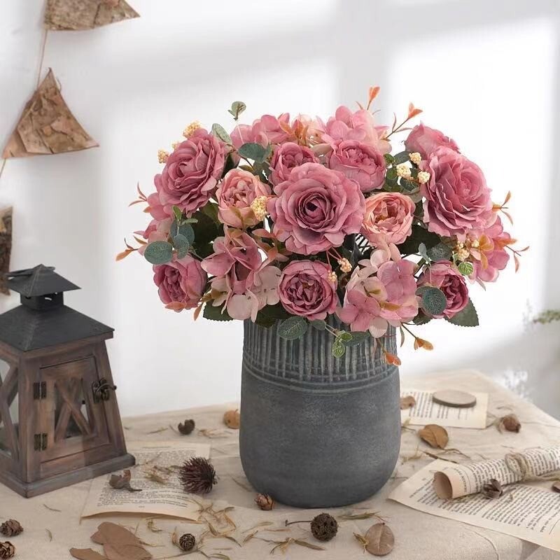 Artificial Flowers Retro Silk Rose Bouquet Hydrangea Peony Vintage Bride wedding