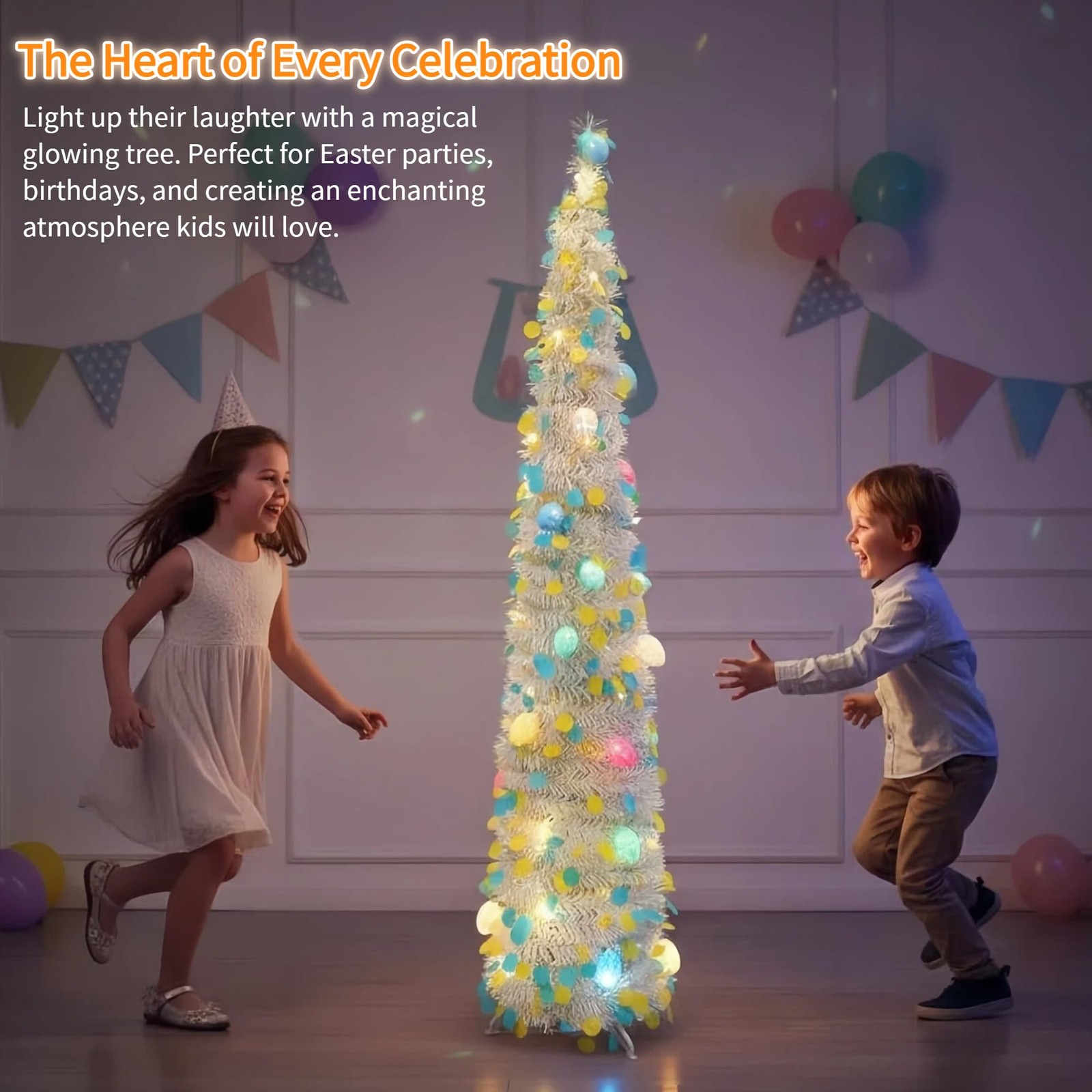 5Ft Lighted Easter Egg Tree 40 LED Colored Lights 20 Eggs Pop Up Tinsel