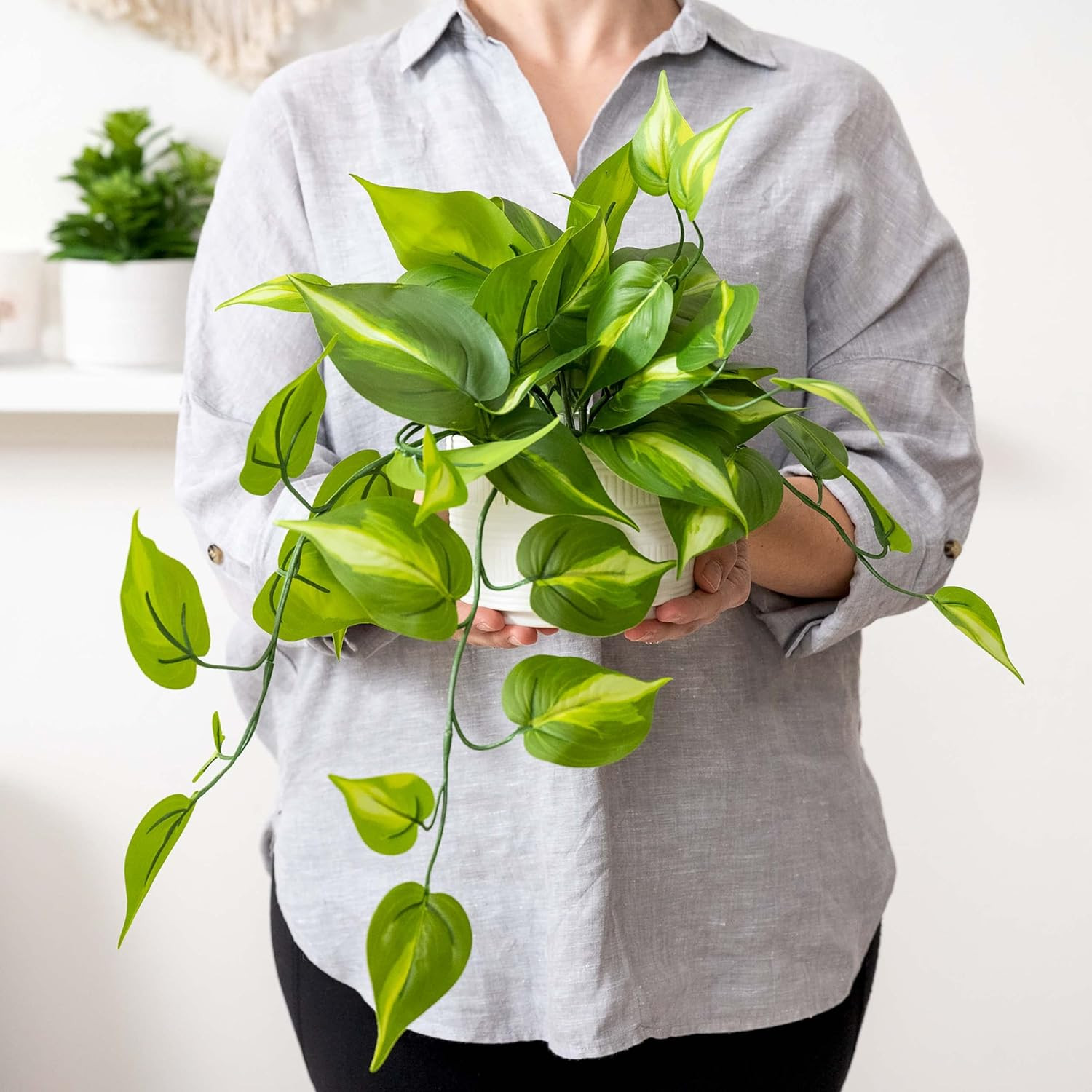 Planta Artificial Pothos Verde Oscuro Maceta Ceramica 5×3.5 Decoracion Estantes
