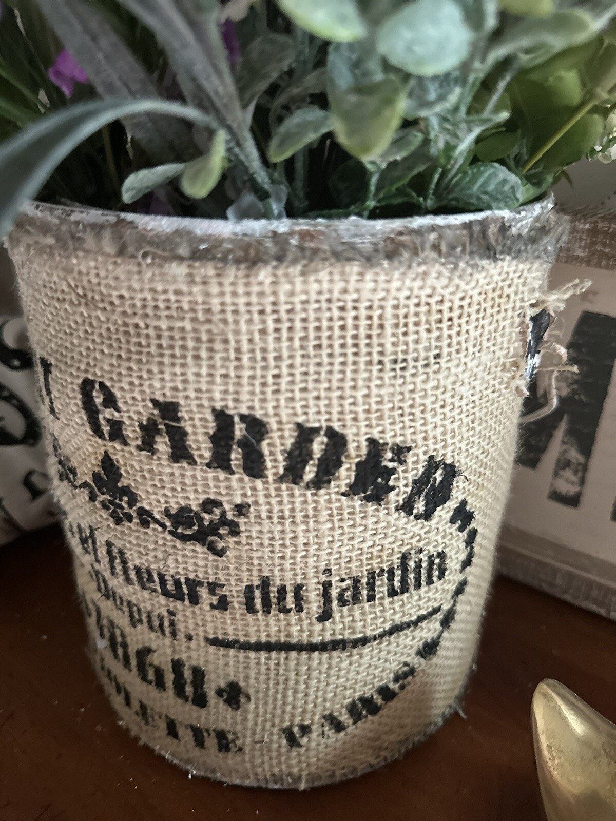 Unique One Of A Kind Shabby style Faux Wild Flowers Paint Can Decor, Burlap