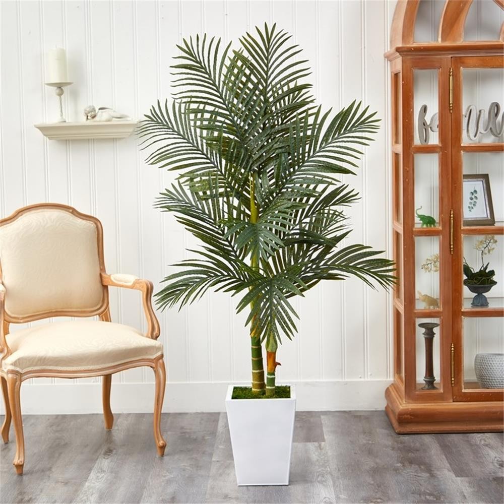 Pemberly Row 66″ Golden Cane Artificial Palm Tree in White Planter – Green/Black