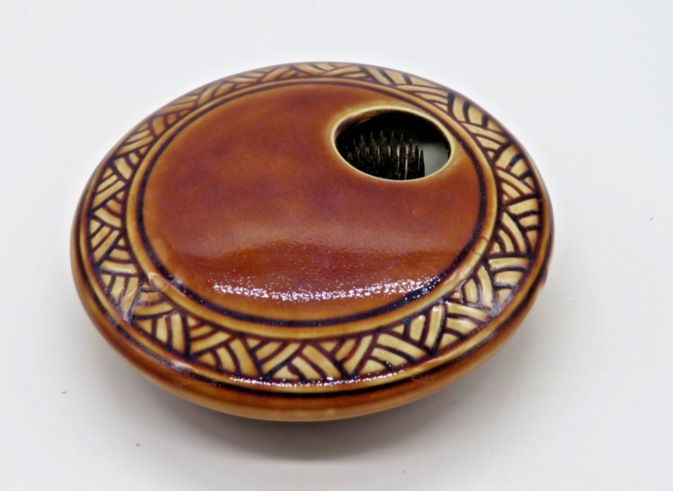 Vintage Ceramic Round Ikebana Flower Vase with Frog Brown Glaze Carved pattern