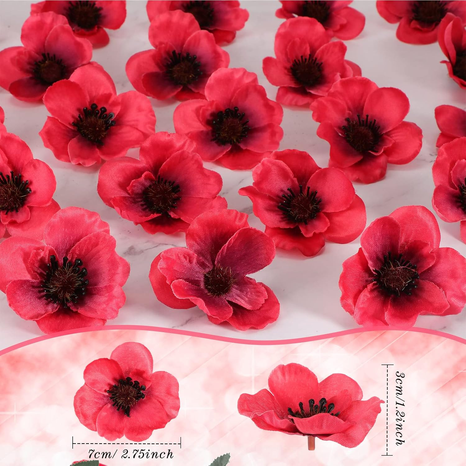 Xinnun 60 Pieces Artificial Poppies Flowers Red Poppy Artificial Silk Faux Steml