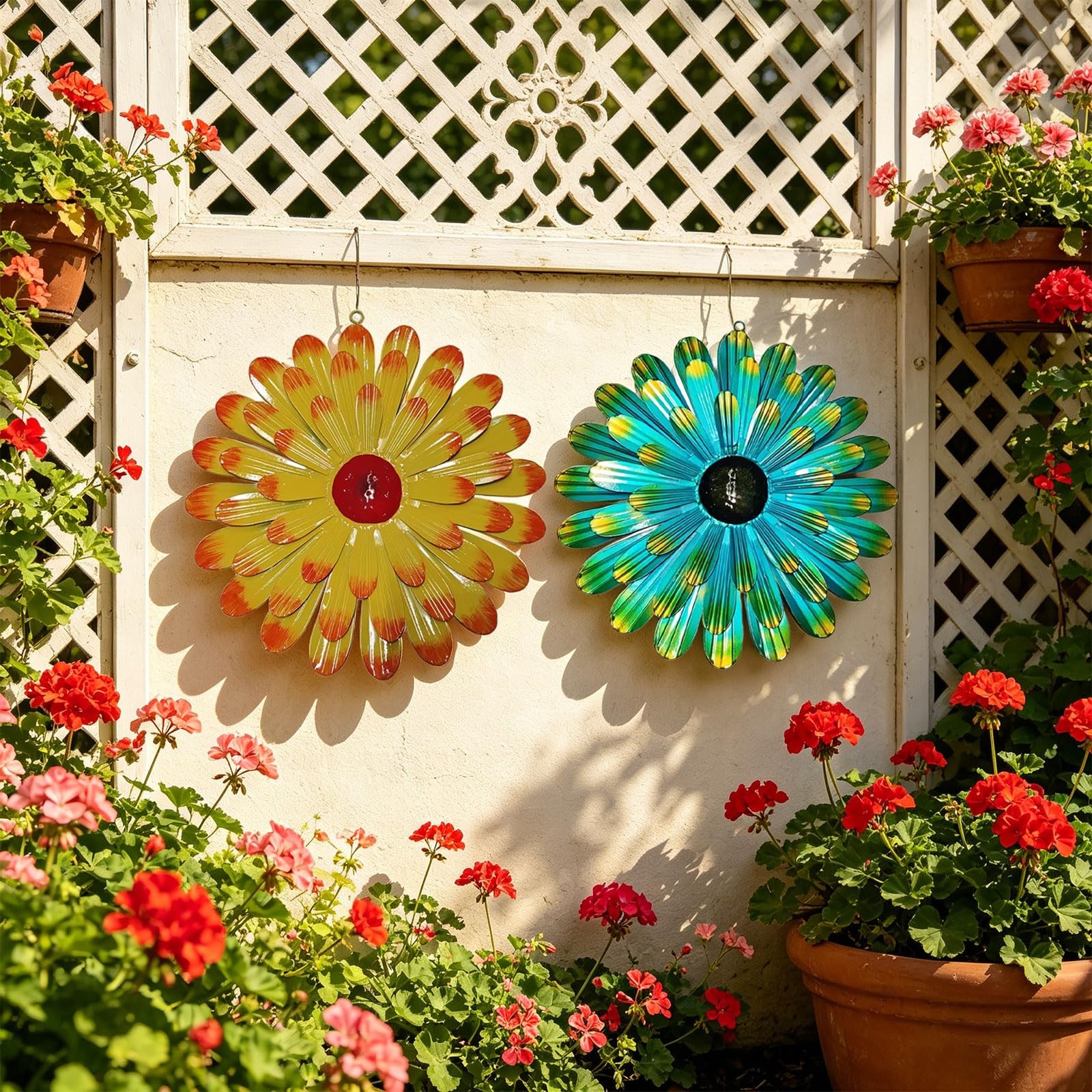 2 Pcs Green Metal Floral Wall Decor 3D Layered Flower Sculptures