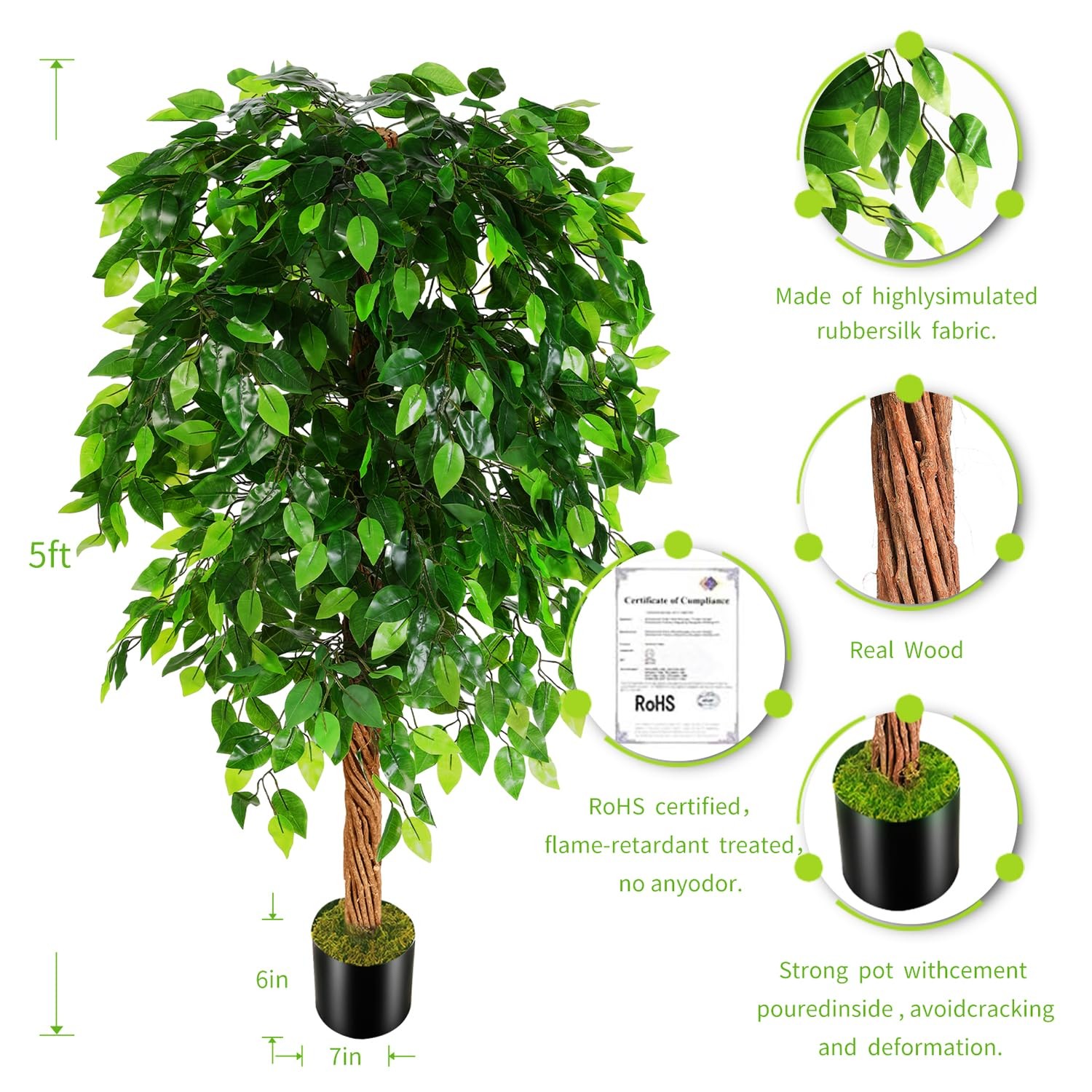 5ft Artificial Ficus Silk Tree (60in) with Plastic Nursery Pot Faux Tree, Fak…