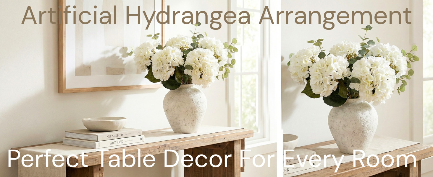 Faux Arrangement – Eucalyptus & White Hydrangea Flowers, Large Artificial Floral